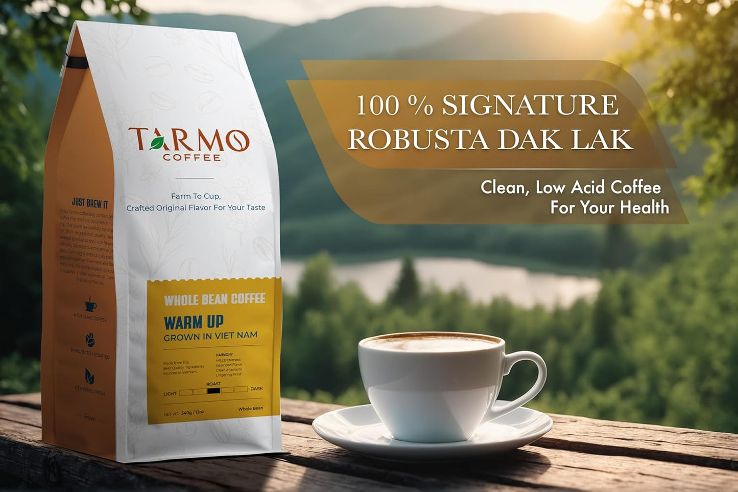 TARMO - WARM UP | Low Acid 100% ROBUSTA Whole Bean Coffee | Specialty Vietnamese Coffee | Single Origin Medium Roast Coffee Beans | 12 Oz Bag