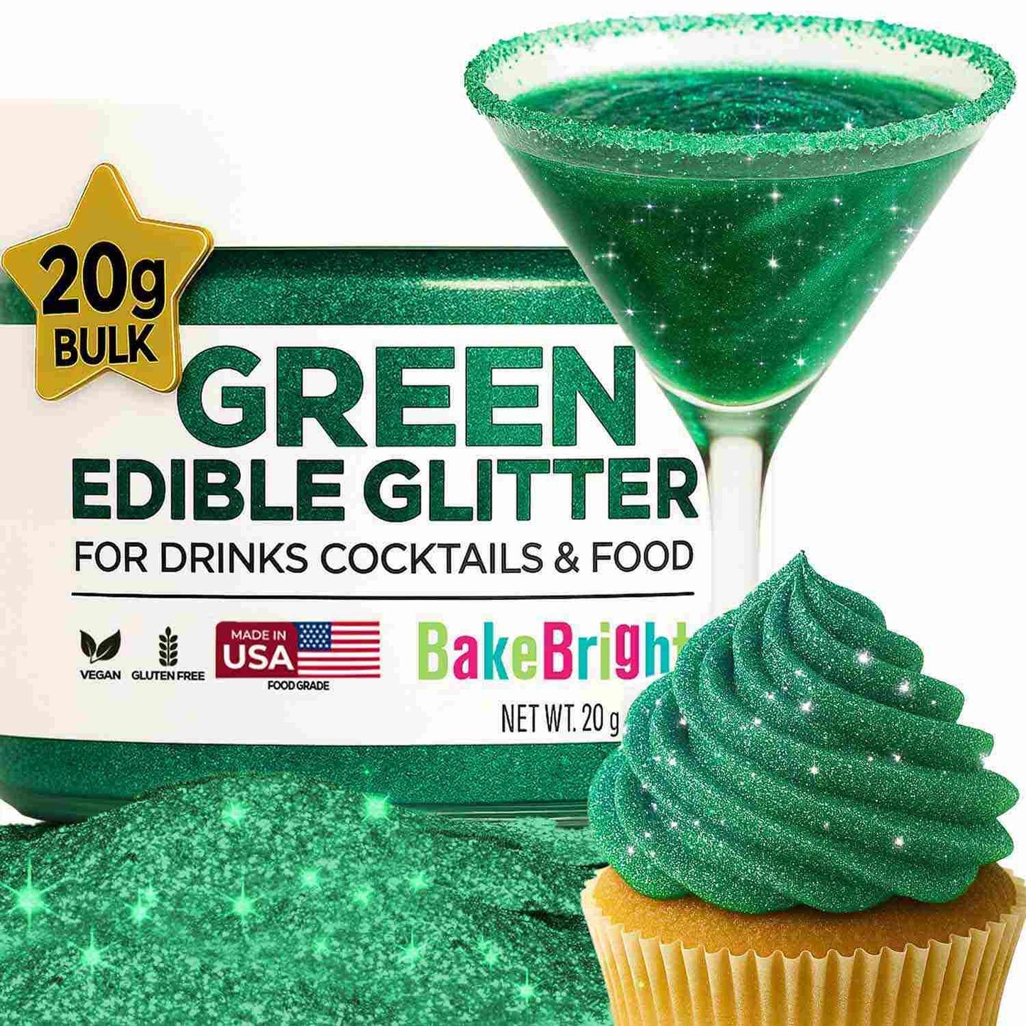 Bulk 20g Dark Green Edible Glitter for Drinks | Premium Edible Glitter for Cakes, Cocktails, Dark Green Cake Decorating Decorations Food Grade, Vegan, Kosher, Halal, Gluten Free - Made in USA