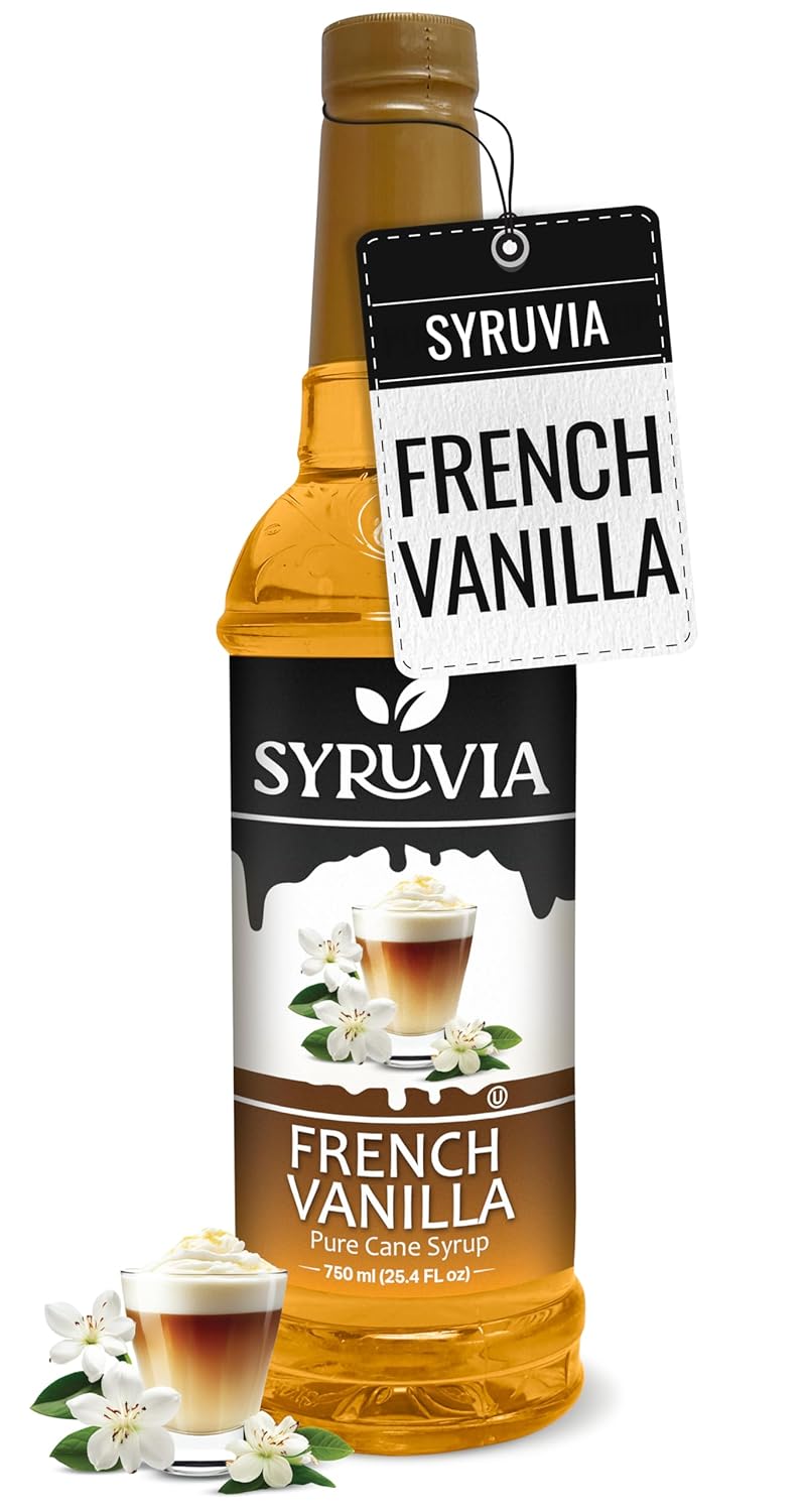 Syruvia French Vanilla Coffee Syrup - 25.4 fl oz. Premium Coffee Flavoring Syrup. Kosher, and Gluten-Free. Perfect for enhancing drinks, sodas, shakes, desserts, and more.
