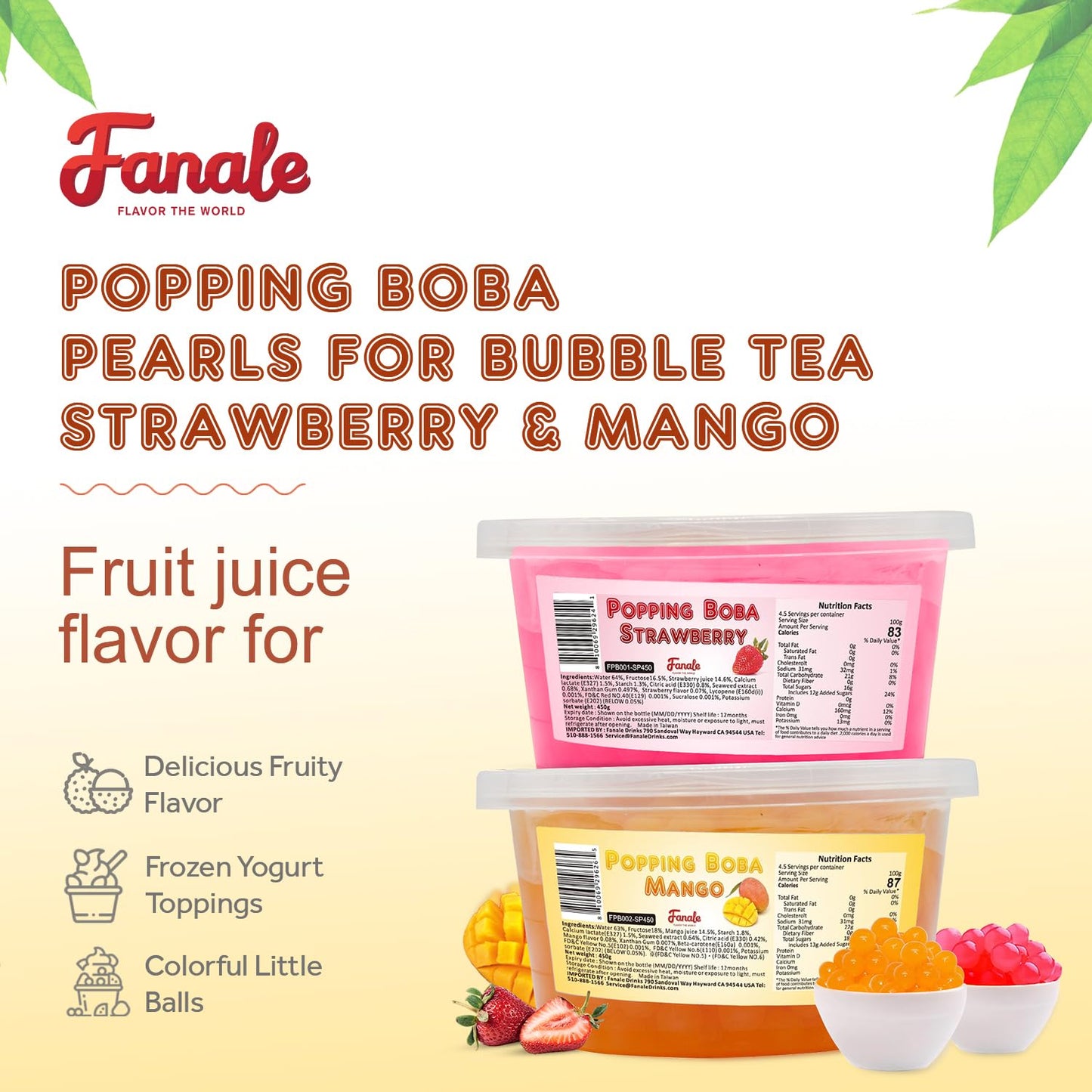 Fanale Strawberry Mango Popping Boba Pearls, Vegan, Non GMO, Gluten Free, Fat Free, Perfect for Bubble Tea, Smoothies, Ice Cream, Desserts, and Beverage 2 lb (1 lb X 2).