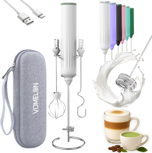 Milk Frother Handheld with 3 Stainless Steel Whisks, Rechargeable Electric Drink Mixer with Stand & Travel Case, Milk Foamer for Coffee, Latte, Cappuccino, Hot Chocolate, Egg,Jam Supplement-White