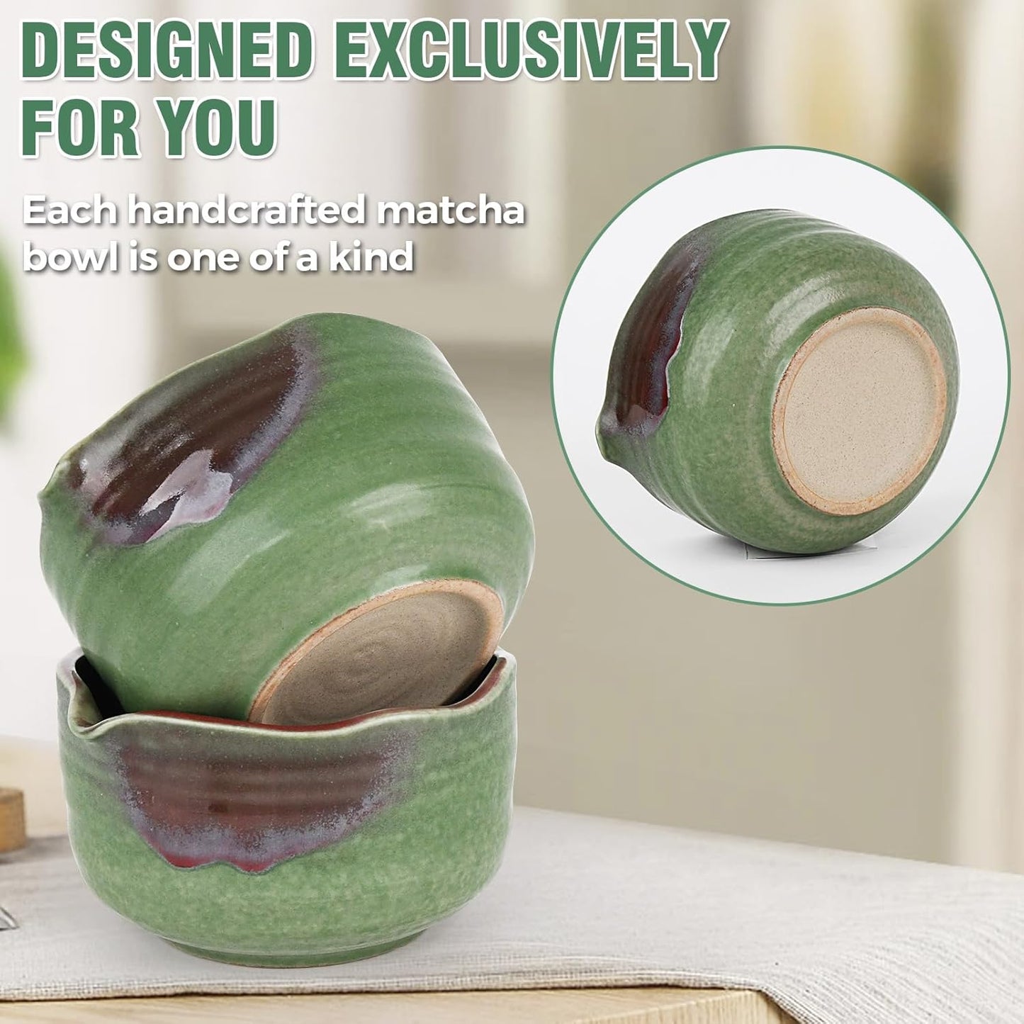 Pottery Matcha Set - Japanese Handcrafted Matcha Tea Bowl Mineral Glaze Bowl with Spout, Bamboo Whisk, Scoop & Chasen Holder | 4pc Tea Ceremony Kit for Matcha Lovers (Forest Glow)