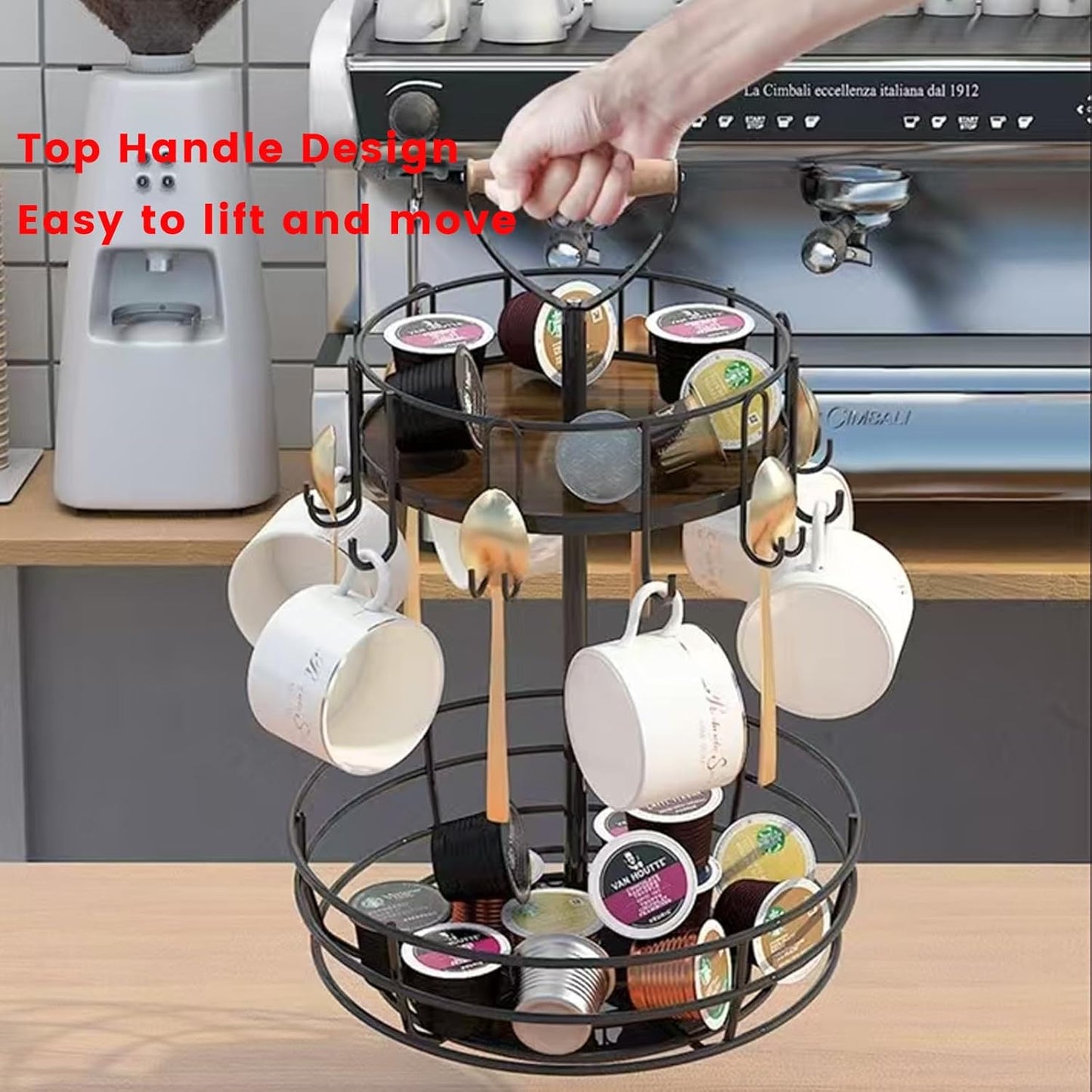 Coffee Mug Holder, 2 Tier Coffee Cup Holder with Hooks, Rotatable Mug Rack Organizer with Cup Pods & Saucer Basket for Bar Kitchen Counter