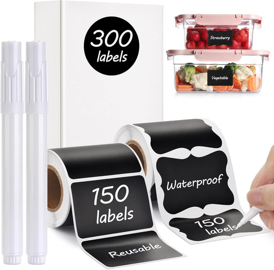 Chalkboard Labels - 300pcs Waterproof Reusable Blackboard Stickers with 2 Free Erasable White Chalk Marker, Mini Decorative Chalk Labels for Jars Containers Kitchen Home Pantry Office