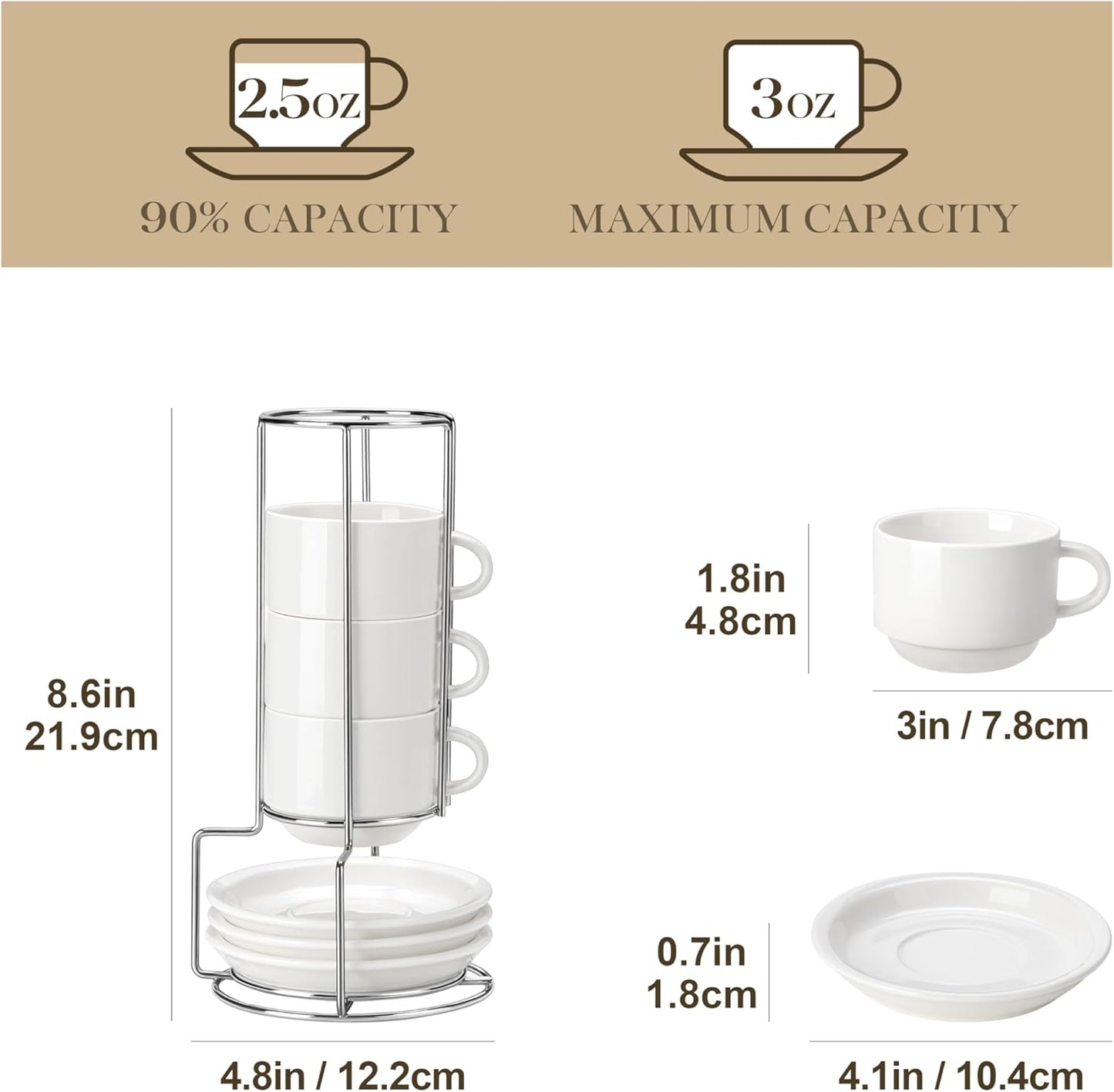 MALACASA 2.5 OZ Porcelain Espresso Cups with Saucers and Metal Stand Set of 4, Stackable Cappuccino Cups, White Expresso Shots Cup Set for Coffee Drinks, Latte, Tea