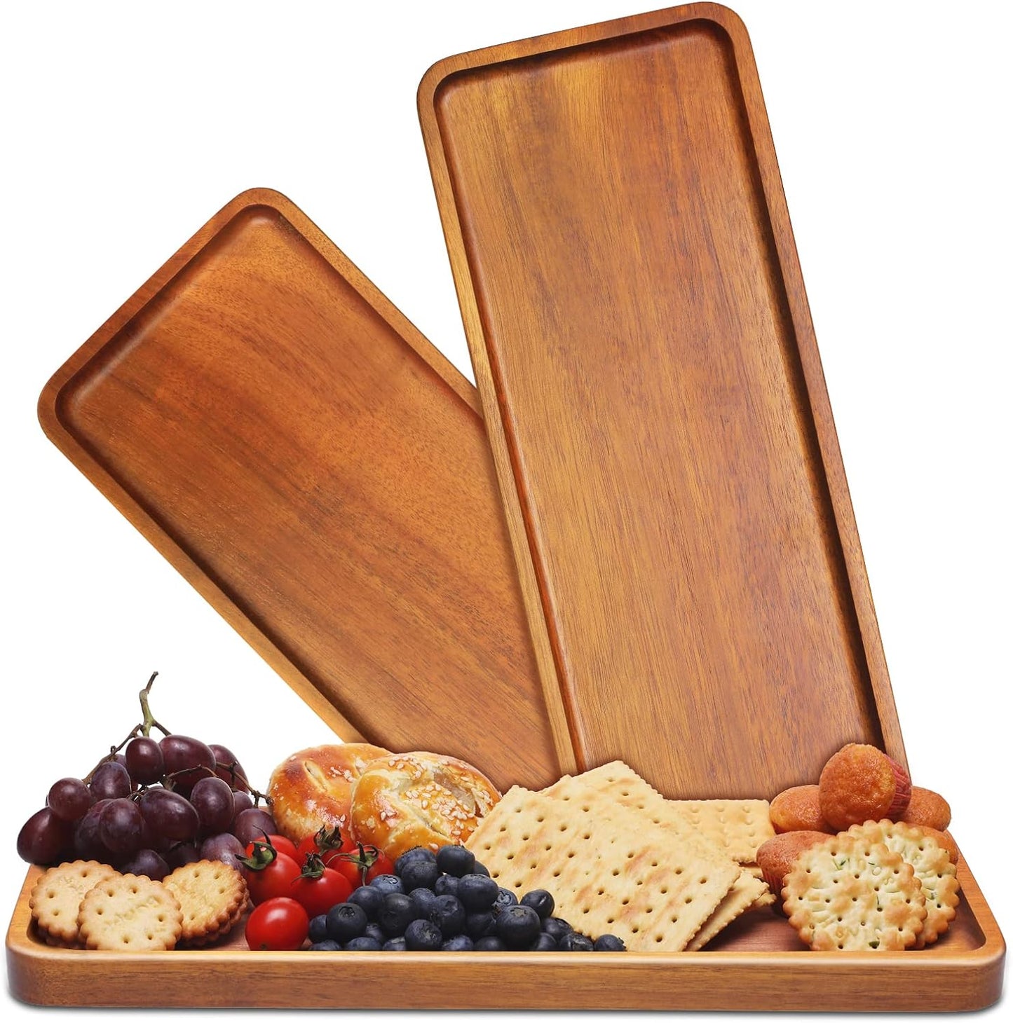 Solid Acacia Wood Serving Trays and Platters - Wooden Mini Charcuterie Boards, Rectangle Small Cheese Board for Food, Bathroom, Home Decor, Kitchen Counter, (14"x5.5", 3 Pack)