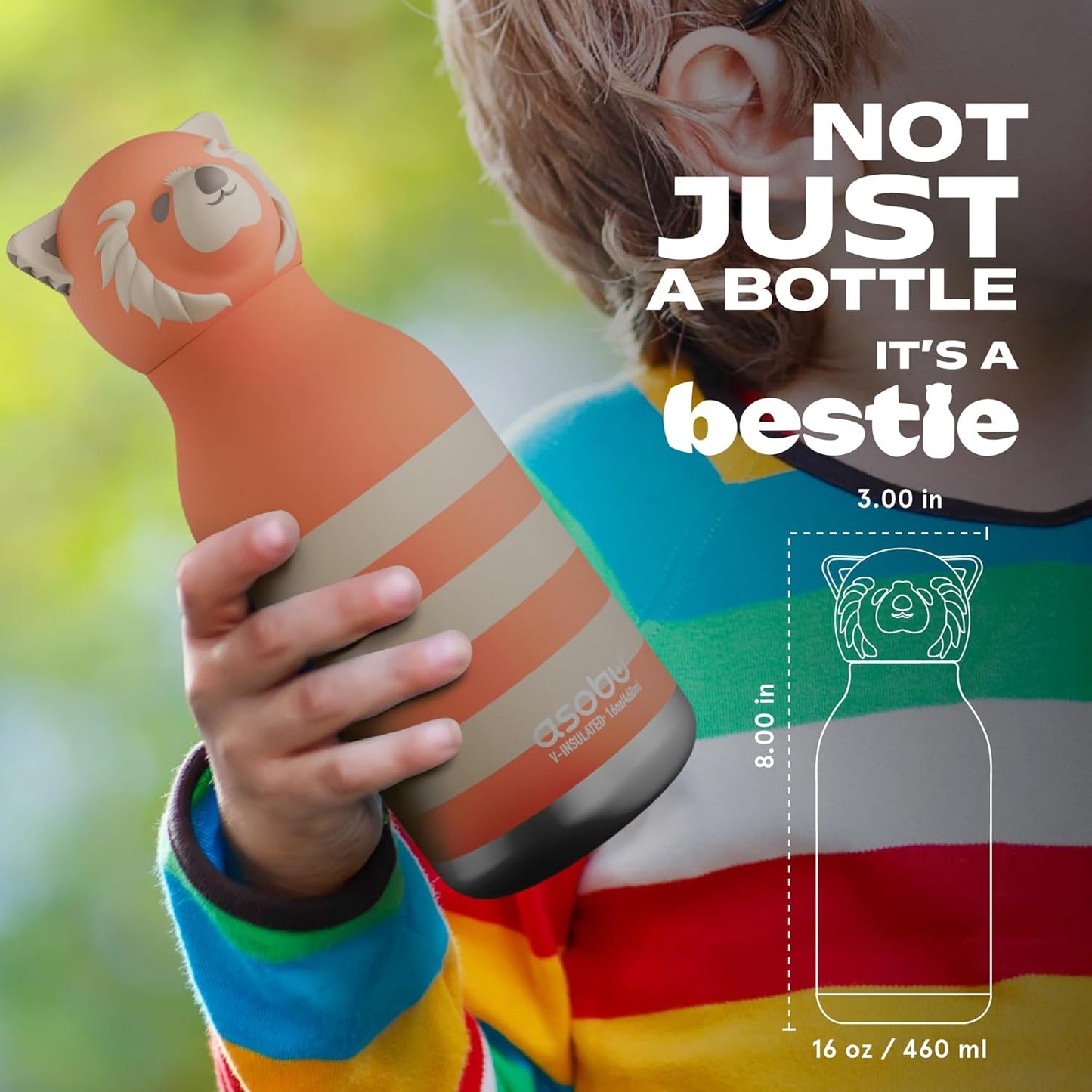 asobu Bestie Bottle Insulated Stainless Steel Water Bottle with Detachable Soft Animal Head Fun Drinking For Kids and Teens with Flexible Reusable Straw 16 Ounce