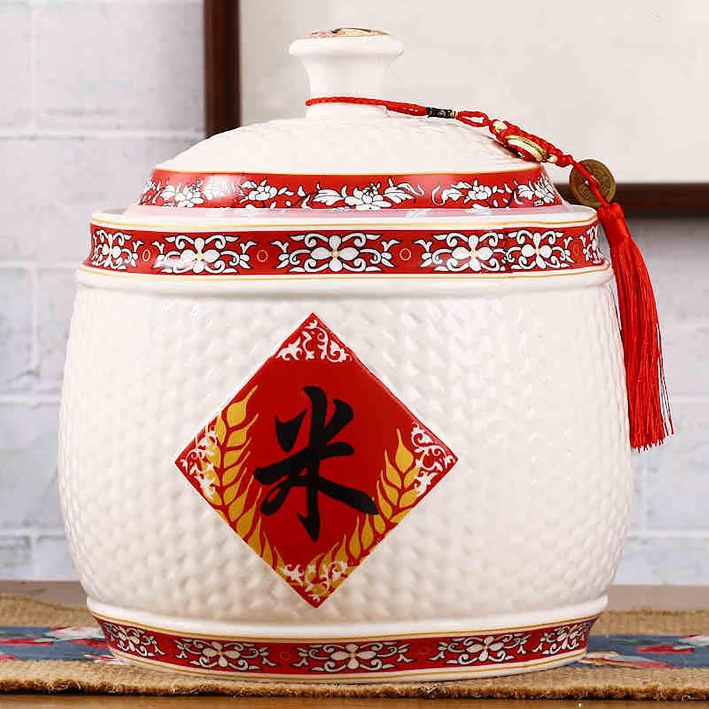 Chinese Sealed Large-Capacity Rice Pot, Ceramic Rice Bucket With Tassel Design, Grain Storage Ceramic Container, Rice Dispenser Airtight Storage Bucket For Grains Snacks Candy Coffee Beans Food(E,Capa