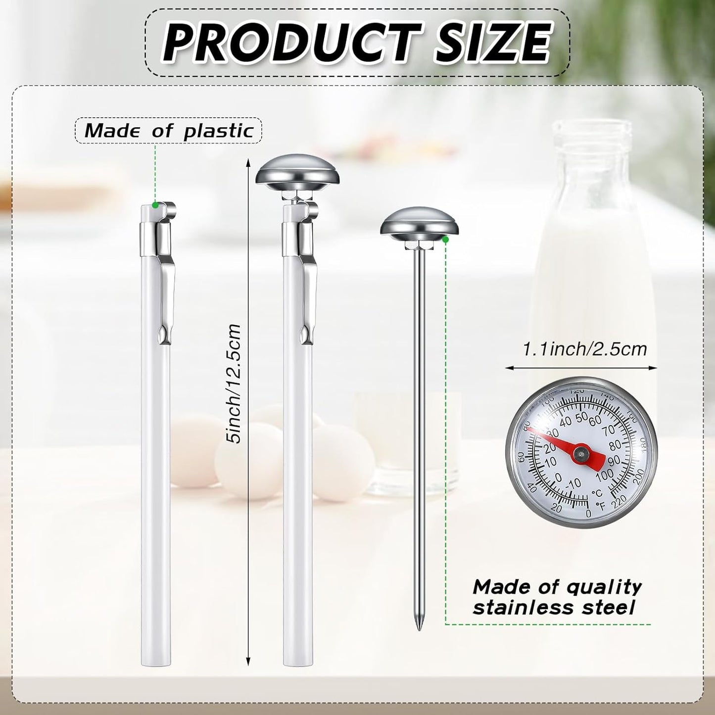 Xuhal 6 Pcs Stainless Steel Kitchen Thermometer with 5 Inch Long Stem 1 Inch Dial Thermometer Milk Frothing Food for Oven Probe Meat Grill BBQ Cooking Chocolate Water(White)
