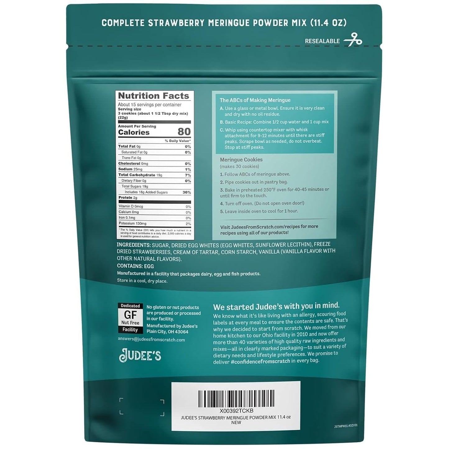 Judee's Gluten Free Complete Strawberry Meringue Powder Mix 11.4 oz - Just Add Water - Make Meringue, Cookies, Pies, Frosting, and Royal Icing - Great for Baking - No Preservative and Nut-Free