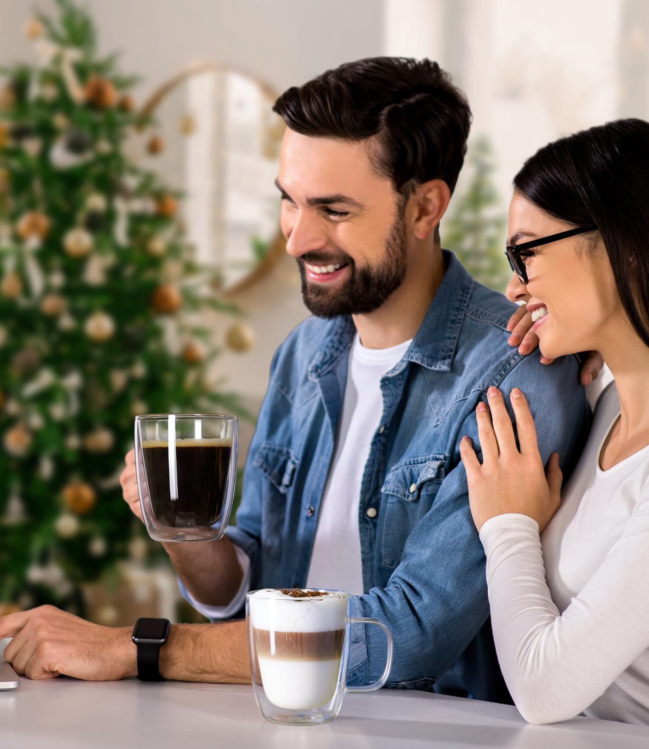 OJA Double Walled Glass Coffee Mugs Set of 4 12oz Hand Blown Clear Coffee Cup with Handle for Cappuccino, Tea Cups, Latte Espresso American Insulated, Heat Resistant Borosilicate Glass