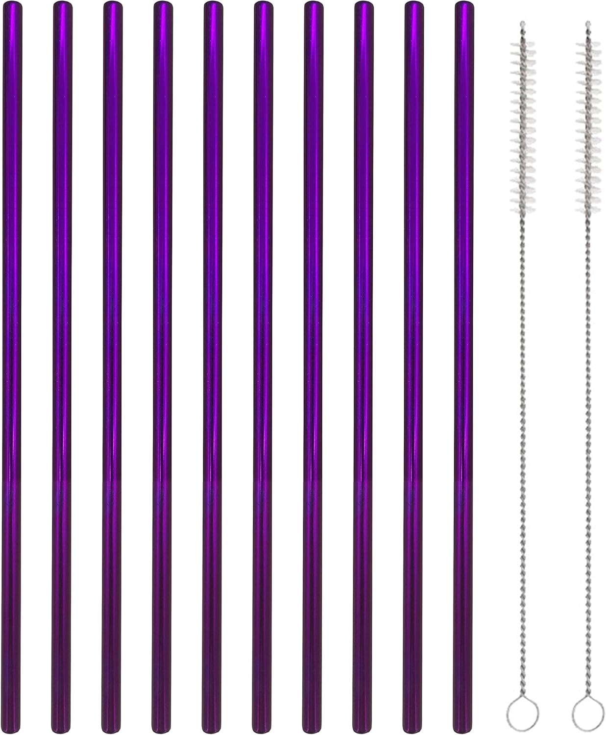 10 Pcs Stainless Steel Straws, Reusable Drinking Straws, Straight Metal Straw Sets with 2 Pcs Cleaning Brushes (8.5 Inch, Purple)