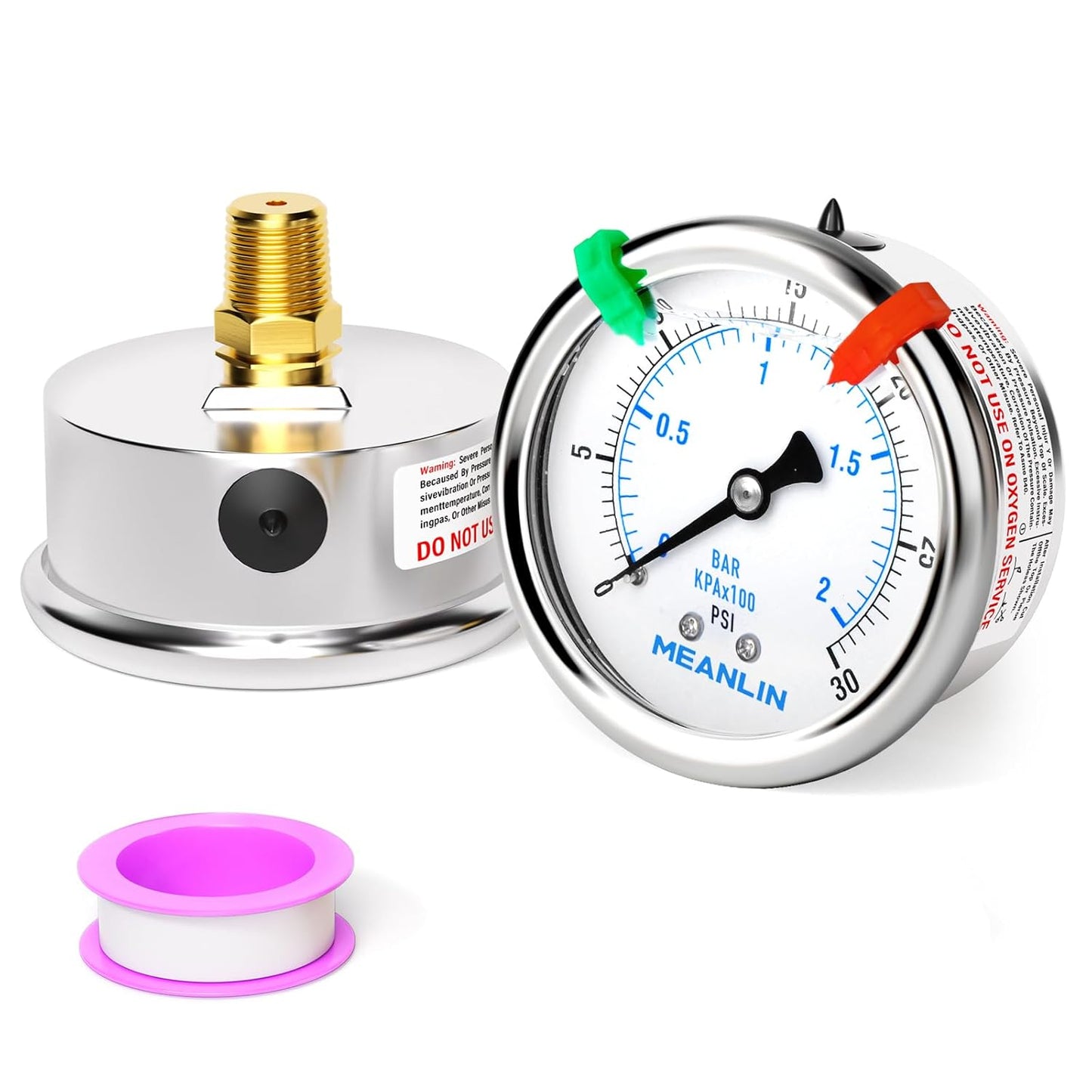 MEANLIN MEASURE 0~30Psi Liquid Filled Pressure Gauge 1/4" NPT 2.5" FACE DIAL Stainless Steel Glycerin Filled WOG Water Oil Air Back Mount (with 2PCS Snaps)