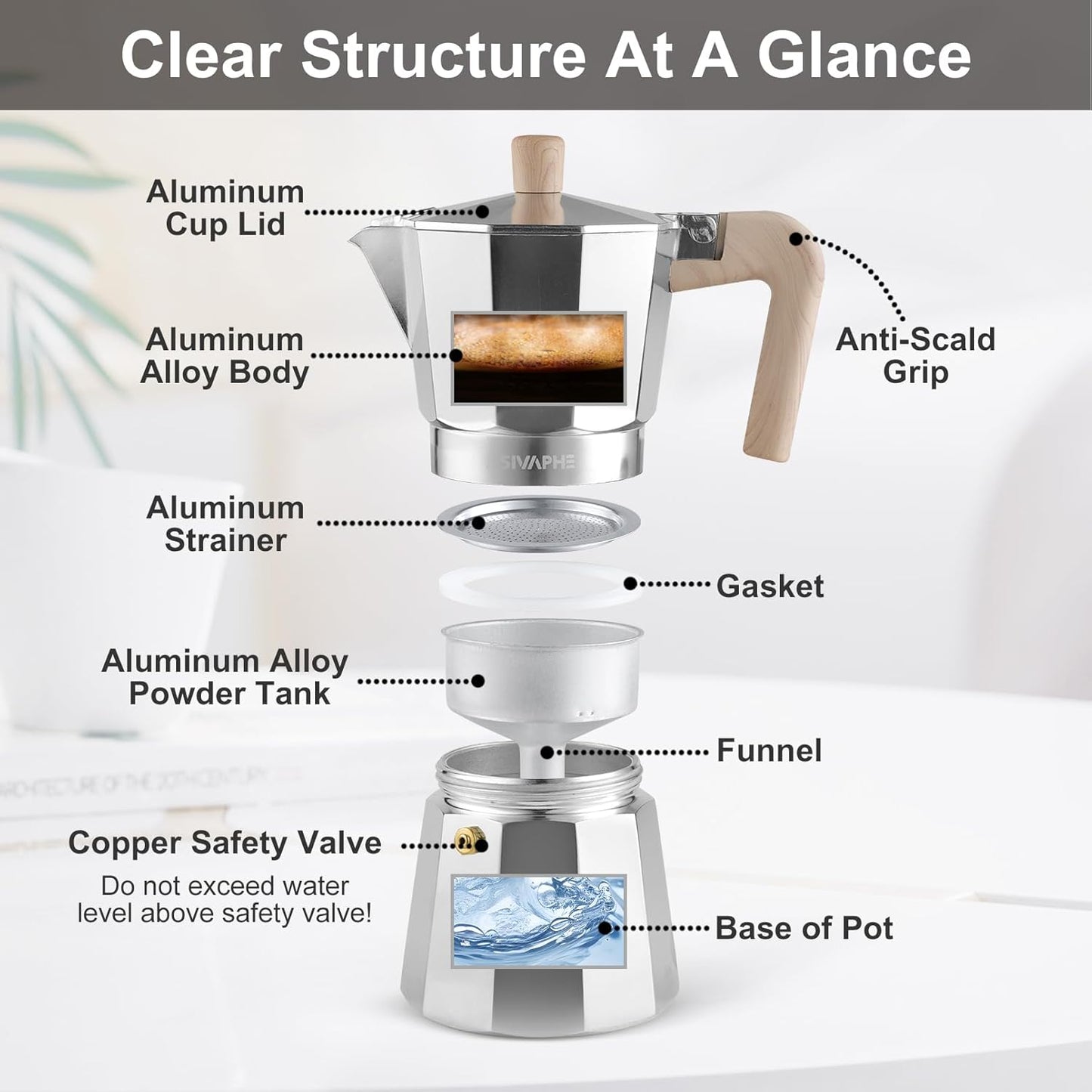 Sivaphe Aluminum Moka Pot 6 Espresso Cups, Percolator Espresso and Coffee Maker, Portable Stovetop Italian and Cuban Café Brewer for Home and Camping Sliver