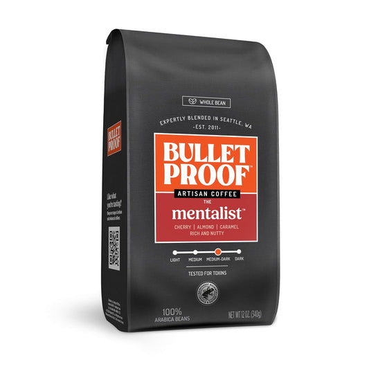 Bulletproof The Mentalist Medium-Dark Roast Whole Bean Coffee, 12 Ounces, Clean Coffee Tested for Toxins, Packaging May Vary