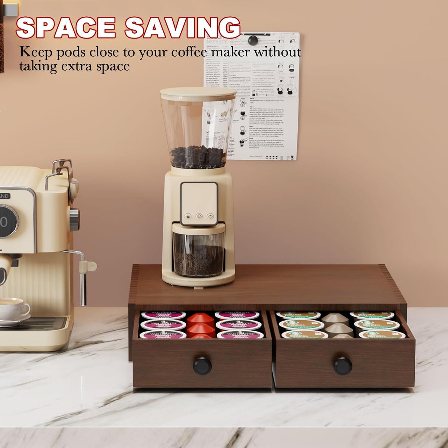 K Cup Holder, Wooden K Cup Organizer Box for Counter, Tea and Coffee Pod Storage Drawer Coffee Maker Stand, 30 Pod Capacity, Walnut Black