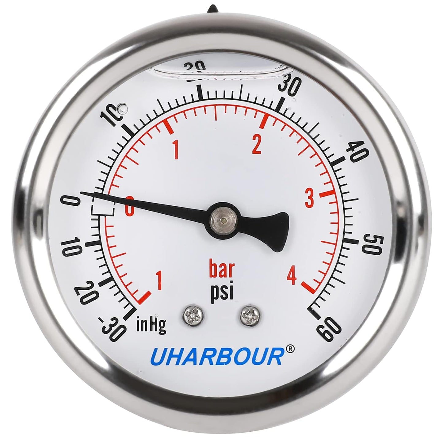 Glycerin Filled Vacuum Pressure Gauge, 2-1/2" Clear dial,1/4" NPT Back Connection, Stainless Steel Case, Brass Movement, Dual Scales -30HG/60PSI……