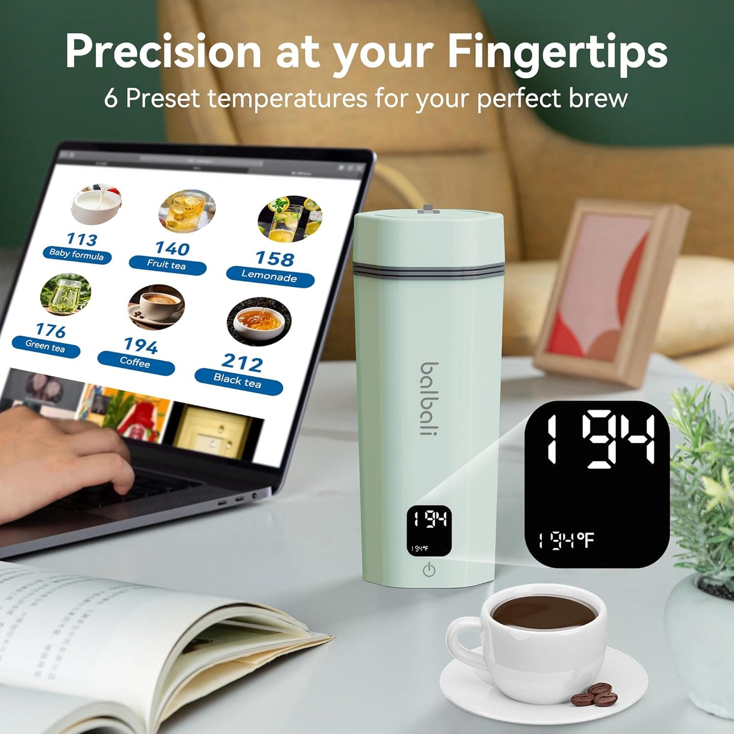 balbali Portable Tea Kettle for Travel 100-240V Dual Voltage - 6 Preset Electric Portable Water Heater for Boiling - Self Heating Cup/Thermos - 12oz Hot Water Boiler/Heater/Warmer - Green