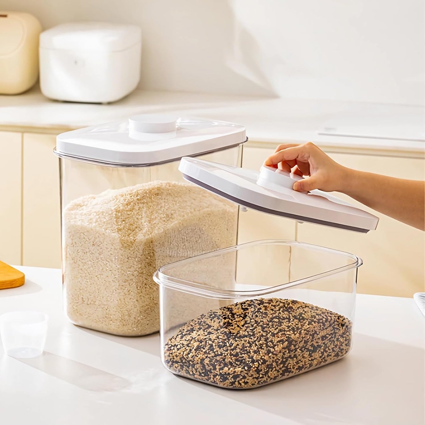 Airtight Flour Container 12 Lbs, Clear PET Plastic Food Storage Container Bin with Pop Up Lids For Rice Flour Sugar, Dry Food Holder for Kitchen Pantry Organization and Storage