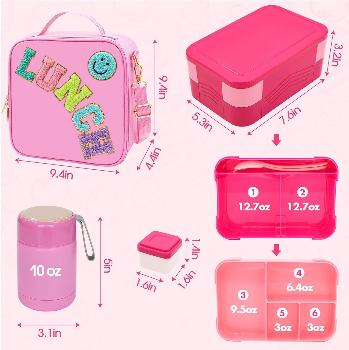 Pink Lunch Box for Girls with 10oz Thermo, with 6 Compartment Bento Box, Nylon Insulated Lunch Bag Adjustable Strap for Girl Kids Teens School Travel Picnic
