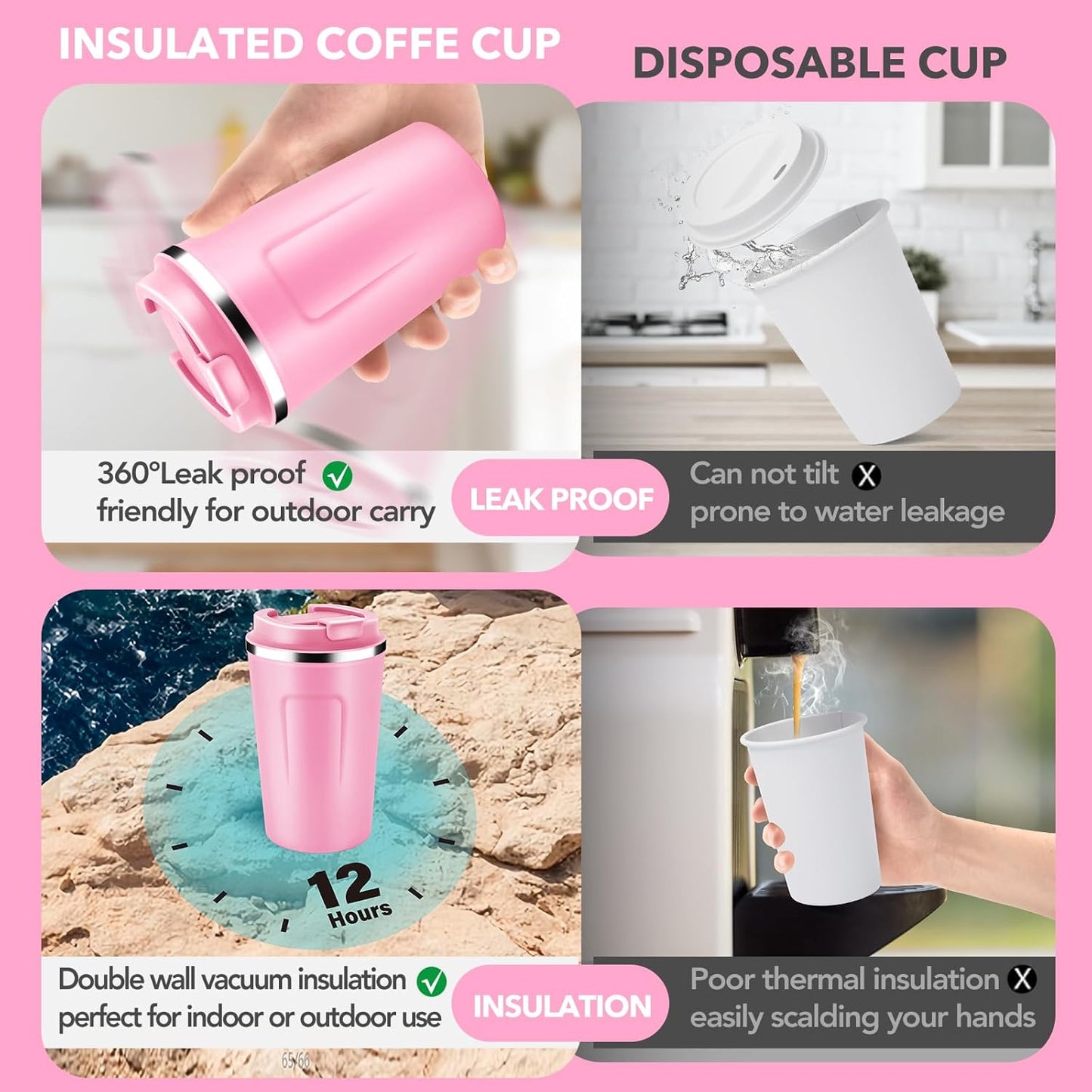 Volhoply 12 oz Double Wall Insulated Vacuum Travel Coffee Mugs with Flip Lid Bulk 2 Pack,Reusable Stainless Steel Leak Proof Coffee Cup,Portable Cafe Thermal Tumbler for Hot & Cold Drinks(Pink,2 Set)