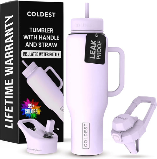 Coldest 40 oz Tumbler with Handle and Straw - 100% Leak Proof Insulated Tumbler with Lid and Straw (3 Lids) - Stainless Steel Tumblers for Women & Men - Cup Holder Friendly Base, 46 oz (Lilac Blue)