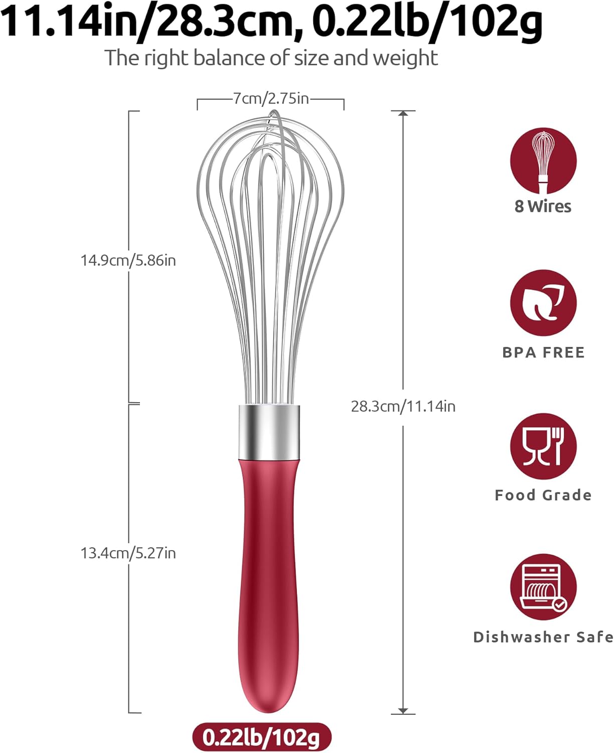 U-Taste Balloon Whisk for Cooking: 18/10 Stainless Steel Kitchen Wire Whisk, Medium Heavy Duty Egg Beater, Manual Baking Mixing Tool with 8 High Flex Wires for Stirring, Blending Sauce (Red)