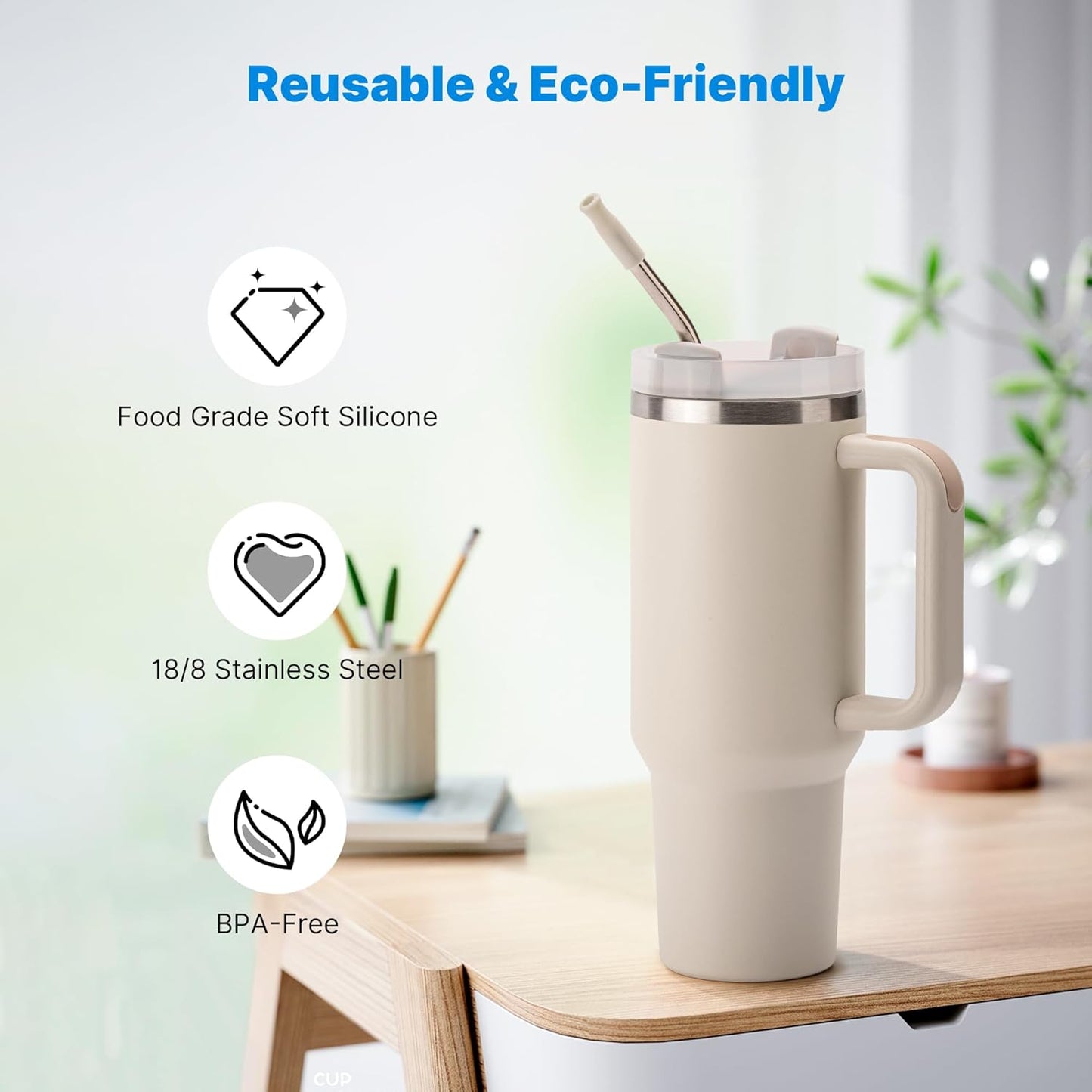 Repeatable Metal Straw with Silicone Tips for 40 oz Stanley Tumbler, 2 Pcs 40 oz Stainless Steel Straws Replacement for Stanley Tumbler, 1 Straw Brush, BPA Free（Cream Grey）