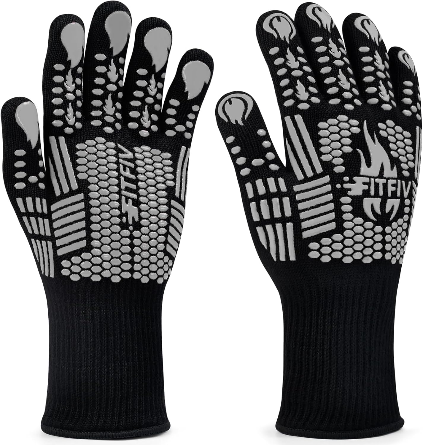 BBQ Gloves, Oven Gloves, Extreme Heat Resistant Barbecue Gloves, Silicone Non-Slip Oven Mitts, Kitchen Gloves for Cooking, Grilling, and Baking (Gray)