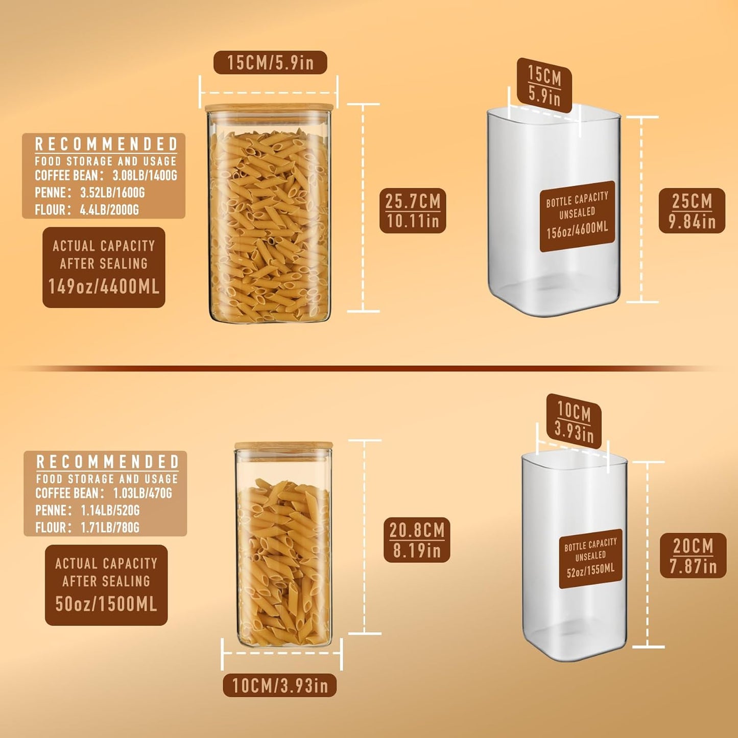 156oz 52oz Airtight Glass Square Storage Canister with Bamboo Lid Set of 2(4600ml*1 1550ml*1) Large Gallon Glass Jars for Sugar, Flour, Cookies and Coffee beans (‎with Black Lable)