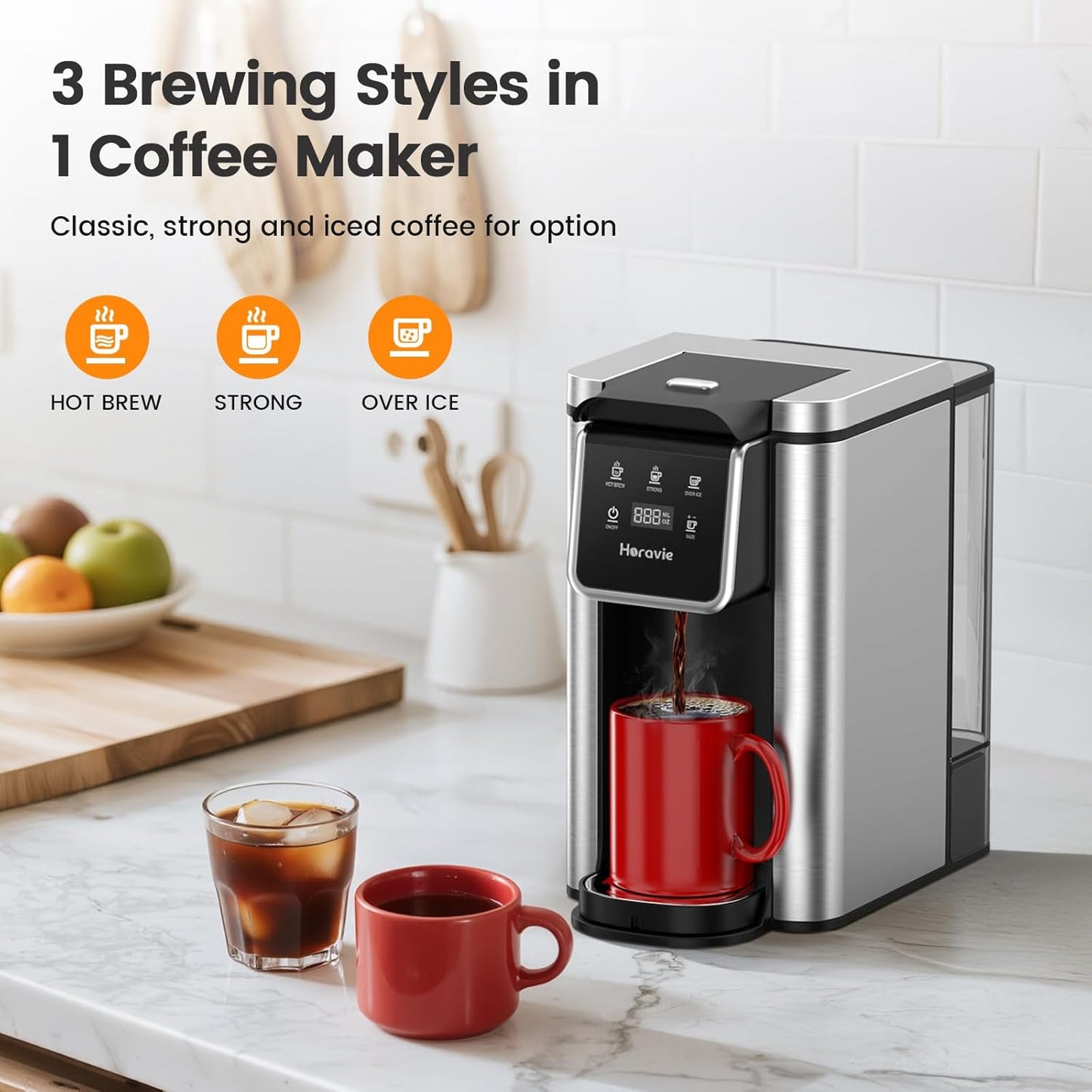Single Serve Coffee Maker for K-Cup Pod and Grounds, Hot and Iced Coffee Maker with 5 Brew Sizes, 50oz Removable Reservoir, Fast Brewing One Cup Coffee Machine, Stainless Steel, Black