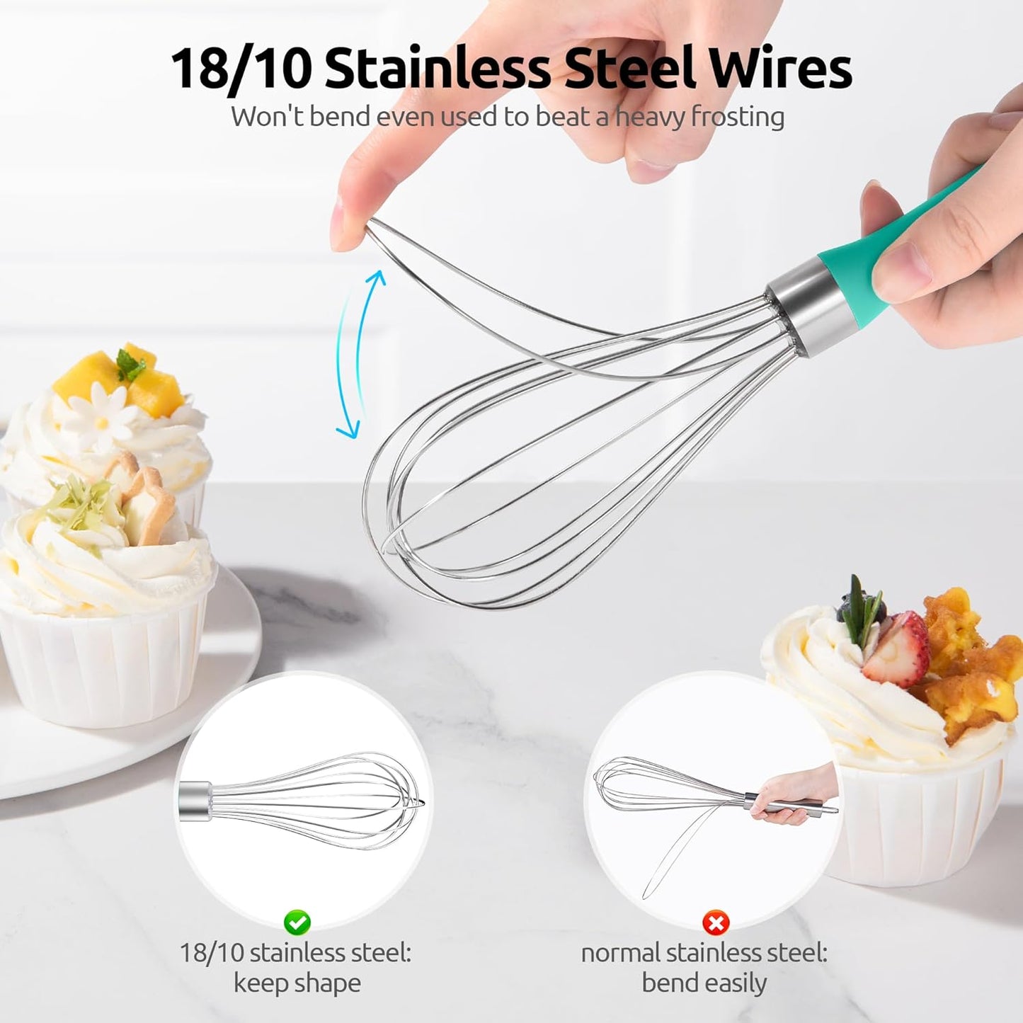 U-Taste 9" Small Egg Whisk: 18/10 Stainless Steel Kitchen Cooking Wire Balloon Wisk, Heavy Duty Metal Beater Stirrer, Manual Baking Tool with 6 Flex Wires for Hand Mixing, Blending Sauce (Aqua Sky)