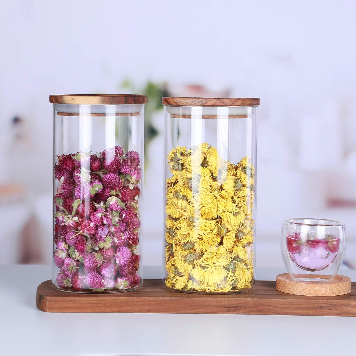 KKC HOME ACCENTS Glass Tea Canisters for Loose Leaf Tea,Airtight Glass Containers with Wood Lids,39 Fl oz