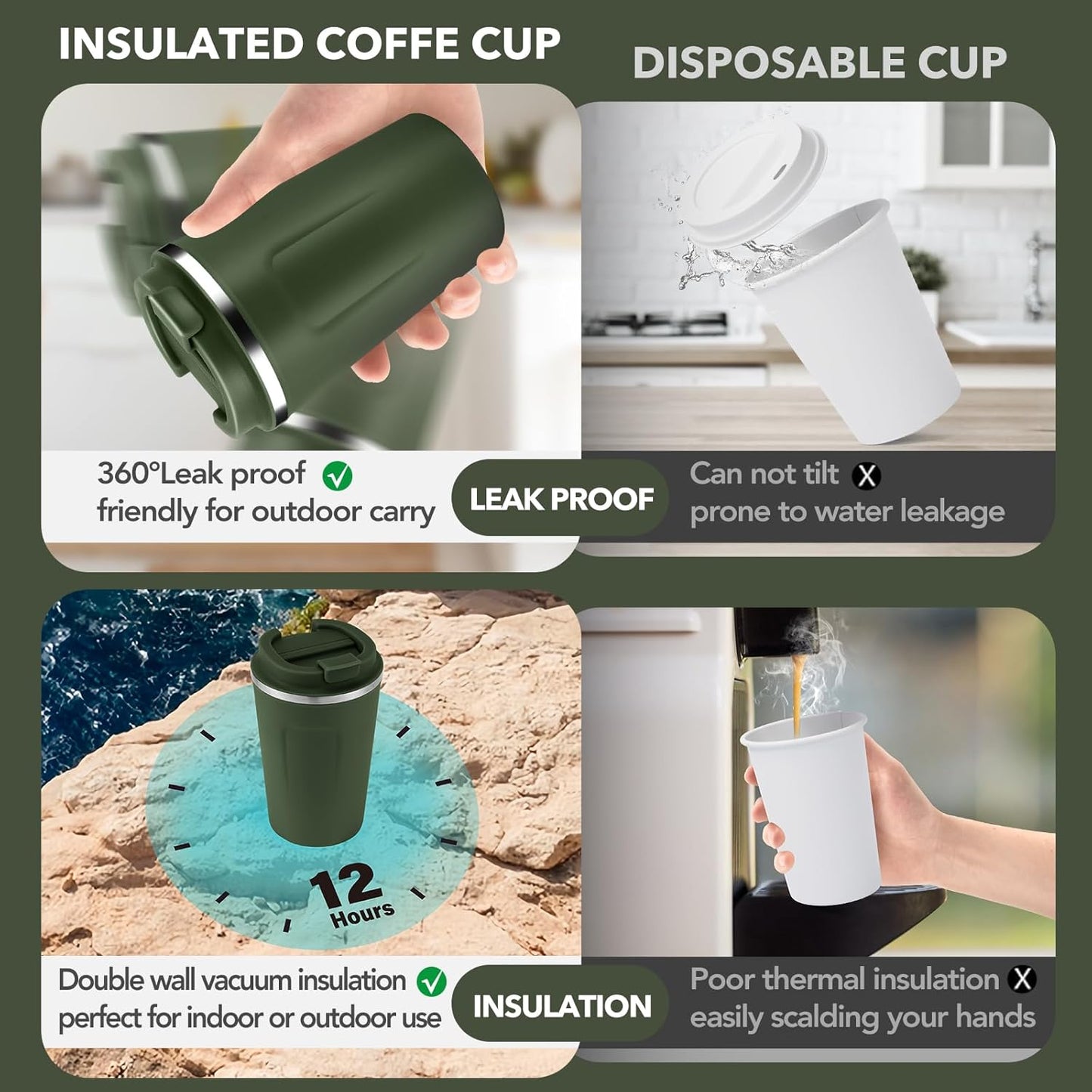 Volhoply 12 oz Double Wall Insulated Vacuum Travel Coffee Mug with Flip Lid Bulk 4 Pack,Reusable Stainless Steel Leak Proof Coffee Cups,Portable Thermal Tumbler for Hot & Cold Drinks(Army Green,4 Set)