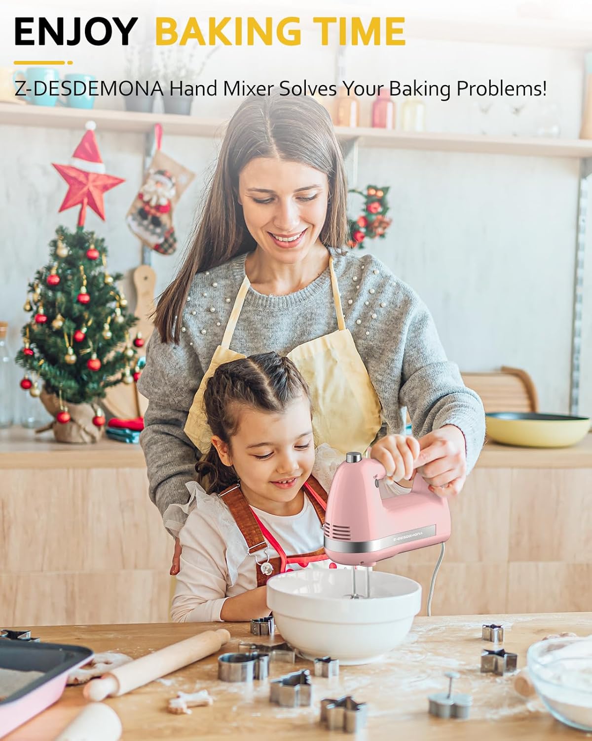 Electric Hand Mixer, Powerful 300W Hand Mixer Electric Handheld with 304 Beaters, Dough Hook,Hand Held Mixer with Turbo for Baking Cakes, Eggs, Cream Food(Pink)