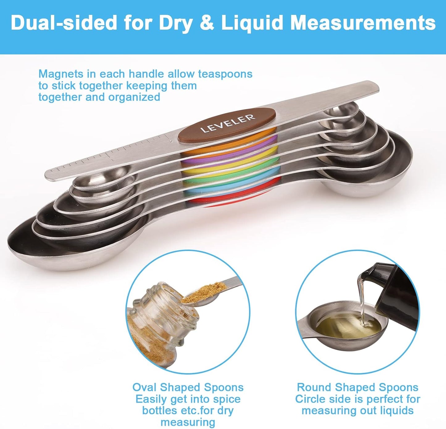 Aovchei 7 PCS Magnetic Measuring Spoons Set, Dual Sided, Stainless Steel Small Tablespoon, Teaspoons, Fits in Spice Jars, for Dry and Liquid, MultiColor