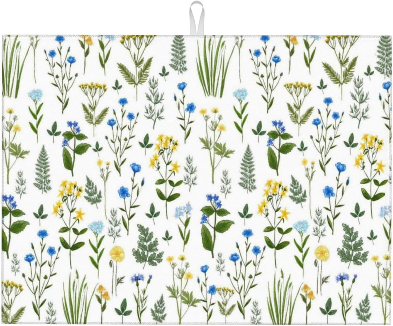 Blue Yellow Wildflower Dish Drying Mats for Kitchen Counter, Vintage Botanic Fern Leaves Floral Kitchen Drainer Pad, 18" x 24" Absorbent Microfiber Washable Reusable Dish Draining Mats, Home Decor