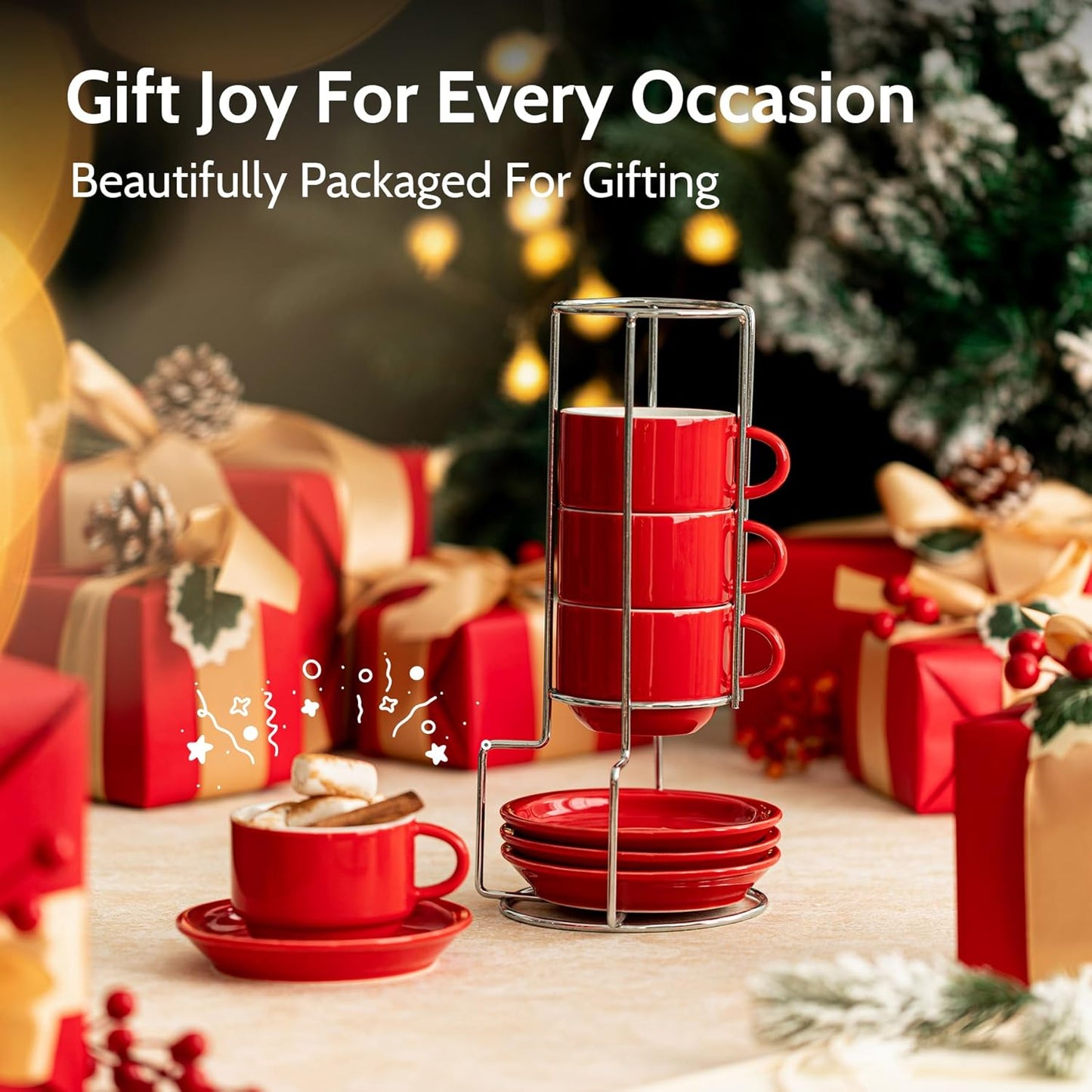 Sweese 8 Ounce Porcelain Stackable Cappuccino Cups with Saucers and Metal Stand - for Specialty Coffee Drinks, Cappuccino, Latte, Americano and Tea - Set of 4, Red