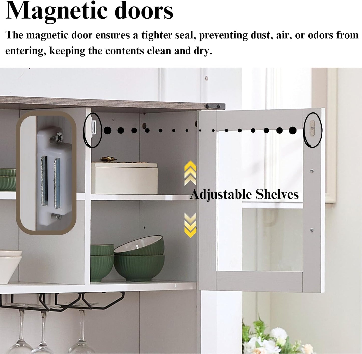 Coffee Bar Cabinet with Sliding Barn Doors 71'' Farmhouse White Pantry Cabinet with Drawers & Wine Glass Rack Rustic Buffet Cabinet for Kitchen, Brown