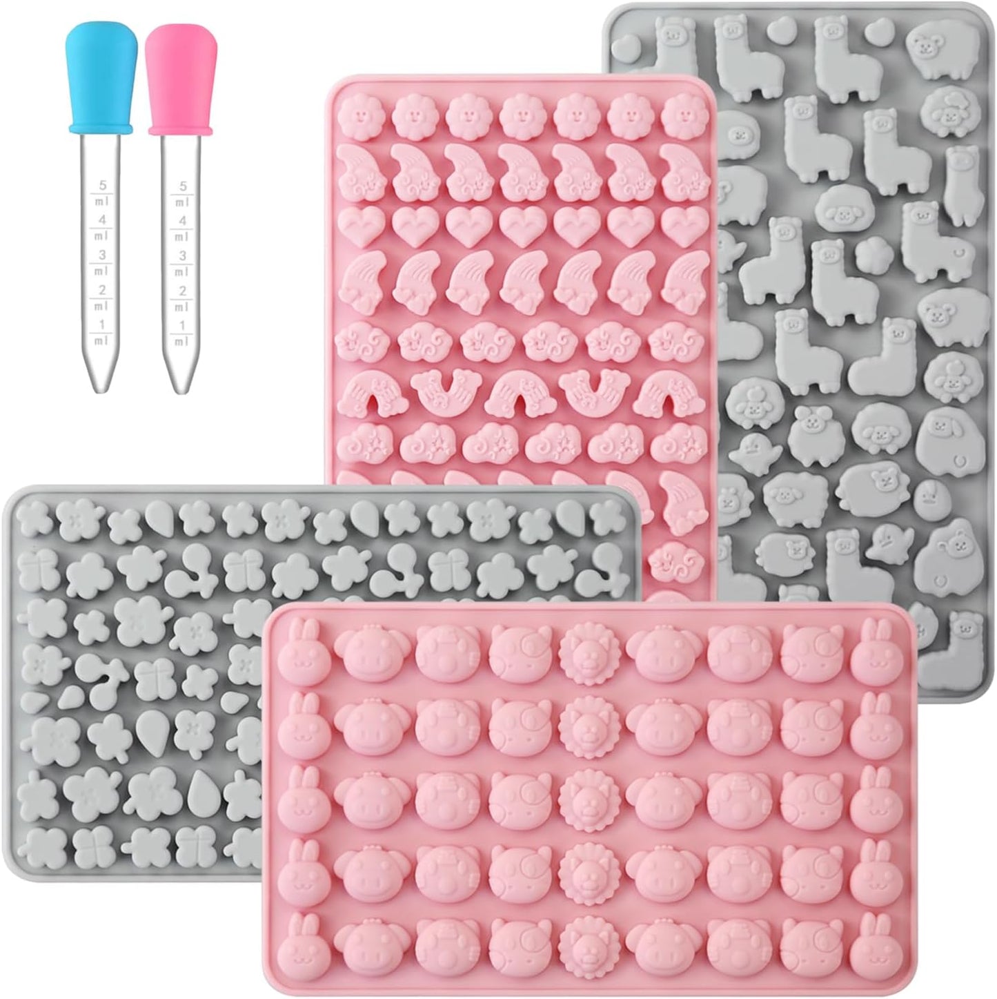 Animals & Flowers Silicone Candy molds, Non-Stick Gummy Bear Chocolate Gelatin Tray with 2 Droppers Creates 260 Alpaca, Clover, Animals, Rainbow & Cloud, Pack of 4