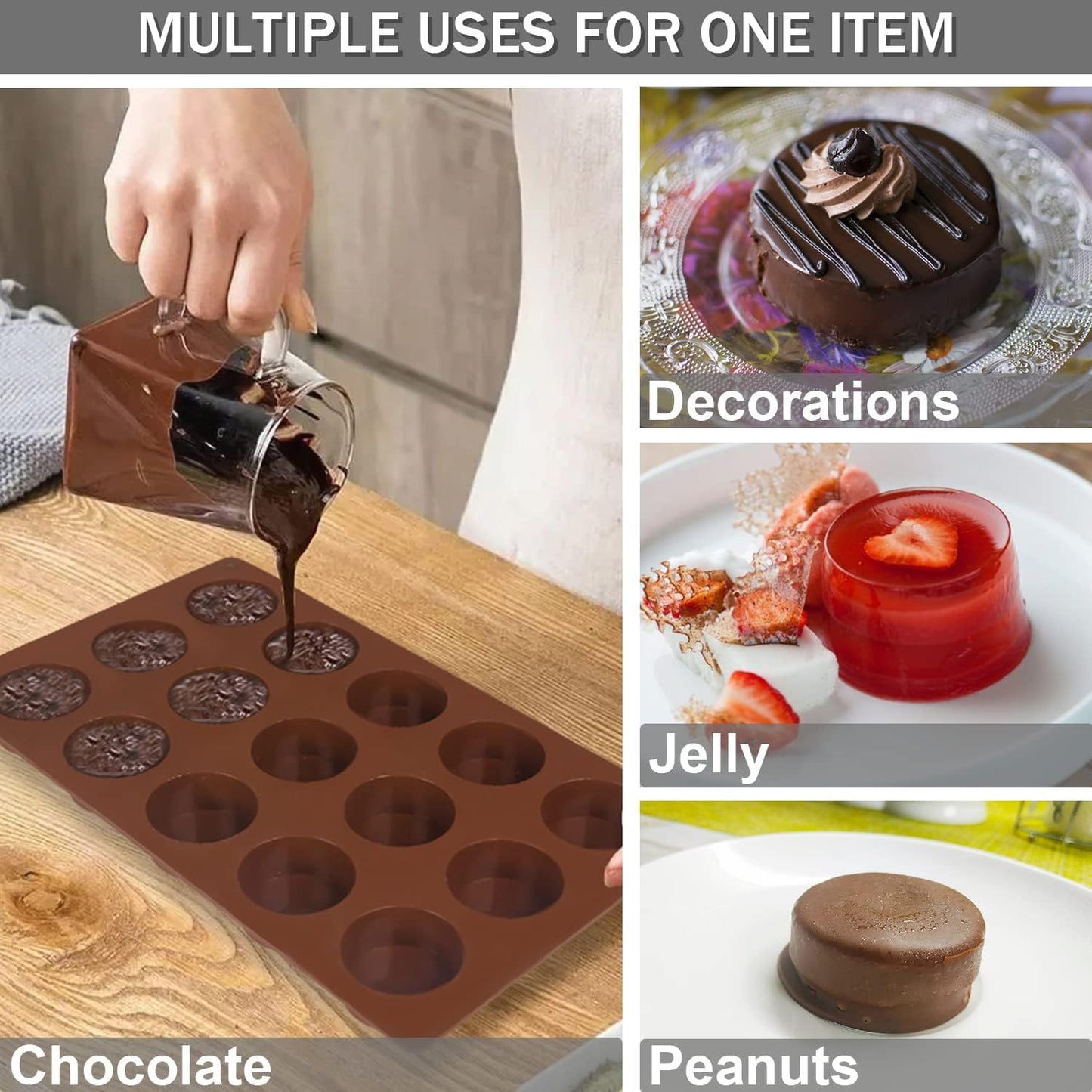 Silicone Fat Bomb Molds, Walfos Silicone Candy Mold, 15 Cavity Round Mold -Perfect for Keto Fat Bomb, Jelly, Dark Chocolate, Mini Peanut Butter Cup, 2 Packs