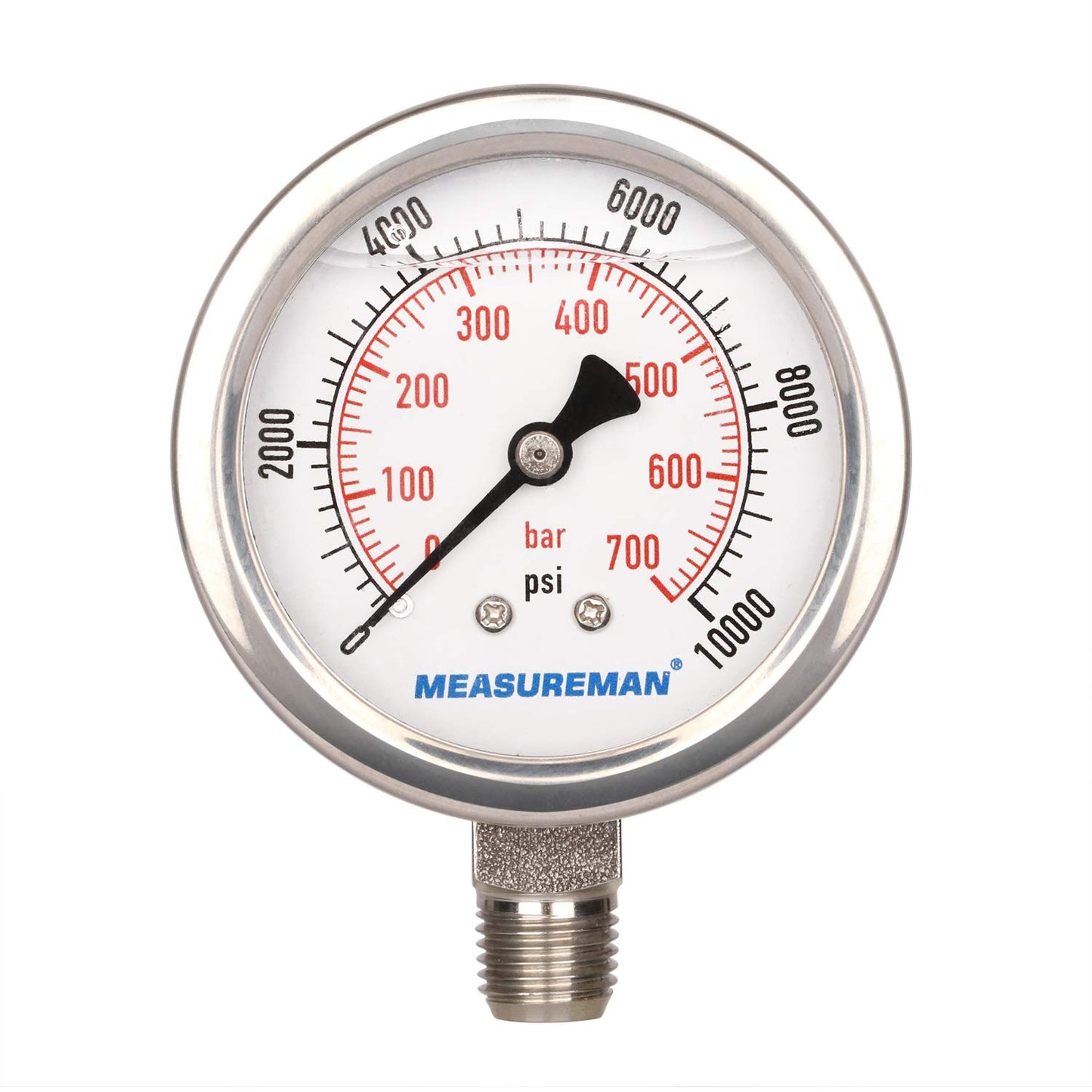 MEASUREMAN 2-1/2" dial,Glycerin Filled Hydraulics Pressure Gauge Stainless Steel case, 316 SS Wetted Part, 0-10000psi/bar1/4 NPT,Lower Mount