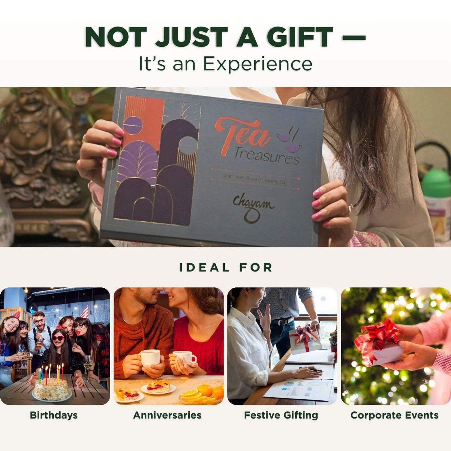 CHAYAM 6 Tube Tea Gift Set | Herbal & Green Loose Leaf Teas in Glass Tubes & a Lead-Free Brass Infuser | Chamomile, Mint, Cinnamon, Turmeric, Lavender & Himalayan Green