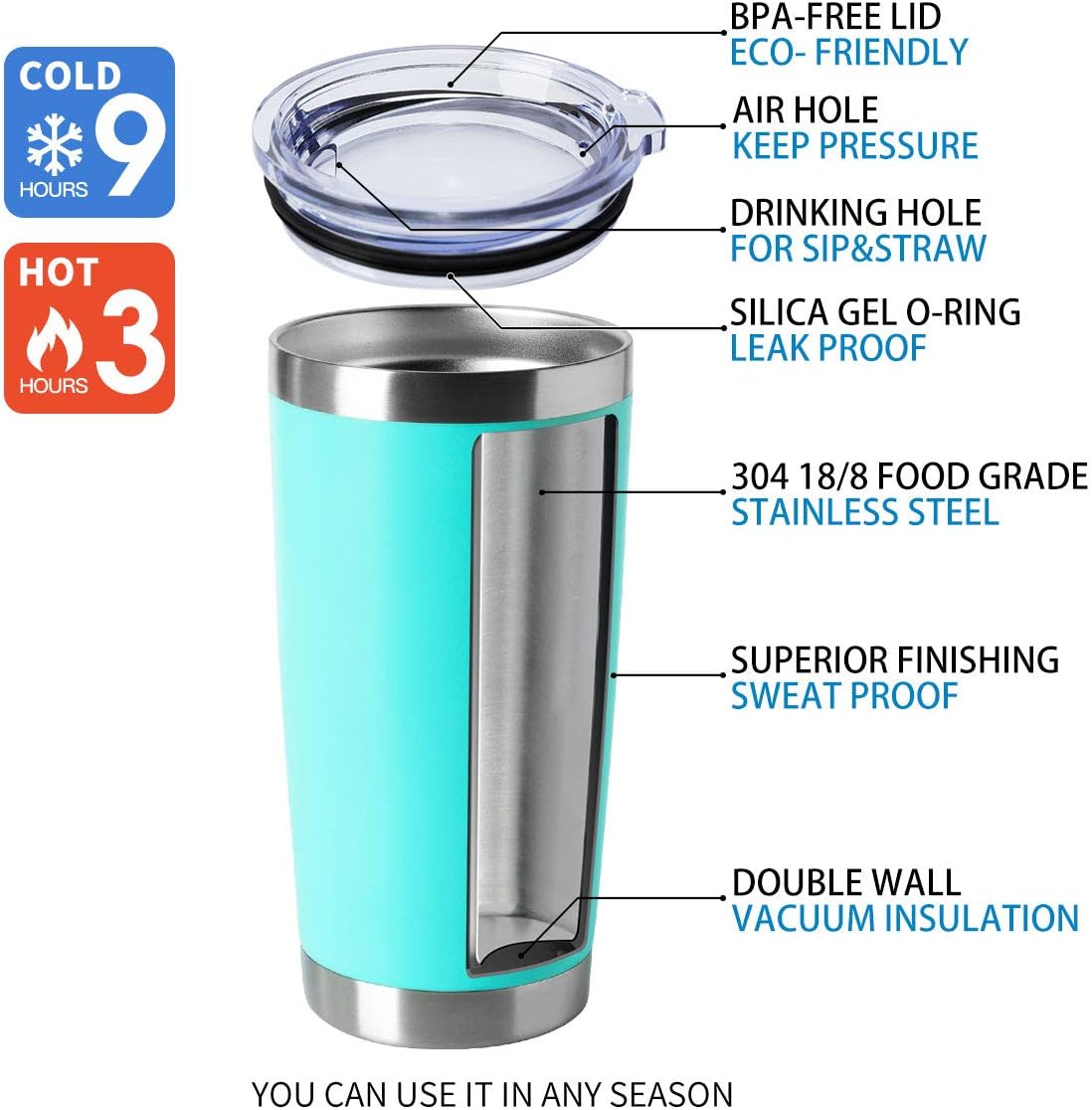HASLE OUTFITTERS 20oz Tumblers Bulk Stainless Steel Cup with Lid Double Wall Vacuum Insulated Coffee Mug for Cold & Hot Drinks 1 Pack, Light Blue