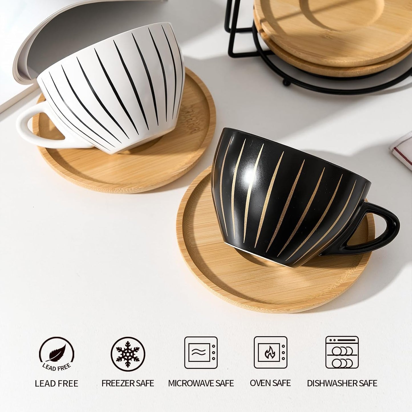 LUKA Ceramic Demitasse Espresso Cups Set with Saucers and Metal Stand, 8 oz Porcelain Cappuccino Cups Teacup For Tea, Espresso, Latte, Coffee, Cafe Mocha, Set of 4, Stripe White & Black