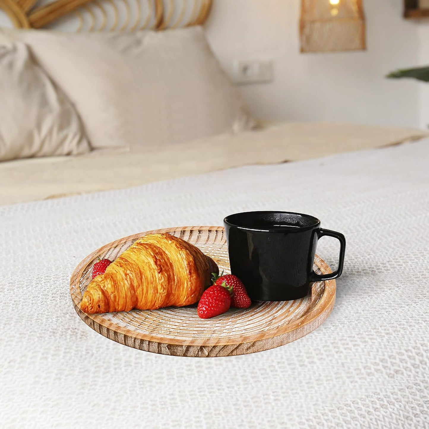 Rustic Wooden Serving Tray Set of 2 Round Wood Decorative Tray Centerpiece Dining Room Table Farmhouse Platter for Food, Fruit, and Coffee Great for Bed, Patio, Ottoman, Coffee Table, Kitchen or Party