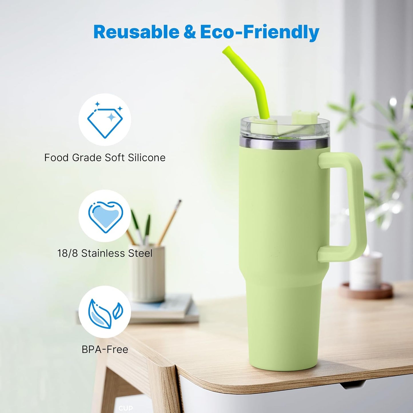 2 Pcs Stainless Steel Straws for 40 oz Stanley Tumbler, Replacement 40 oz Stanley Cup Straw Accessories with Silicone Tips and Cleaning Brush (Apple Green)