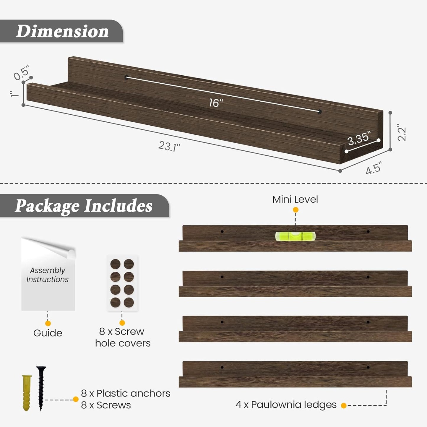 Forbena 24 Inch Rustic Picture Ledge Shelf Set of 4, Wooden Floating Shelves with Lip for Wall, Wide Farmhouse Hanging Photo Ledge Shelves for Bedroom Living Room Books (Solid Wood, Dark Brown)