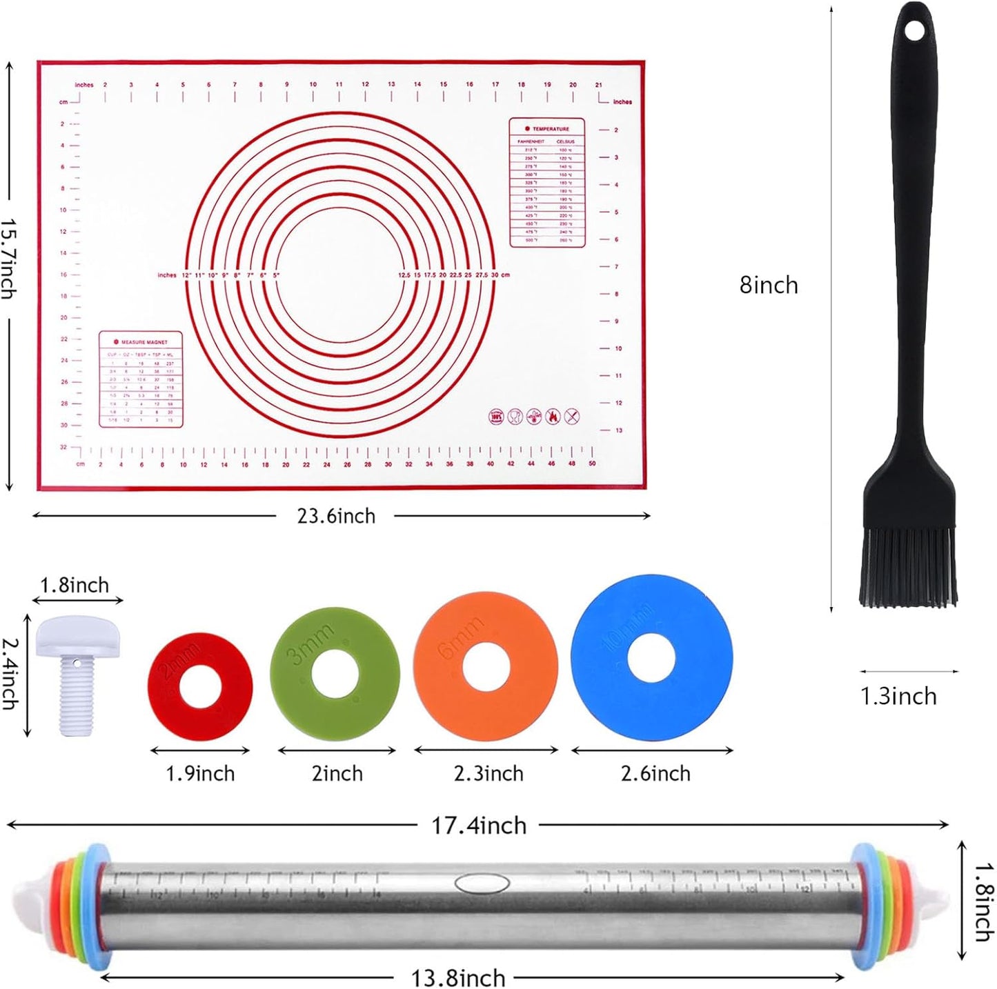 Adjustable Rolling Pin 3 Set and Silicone Baking Pastry Mat Silicone Bush Set,Thickness Rings,Stainless Steel Dough Roller 17.4" Rolling Pins for Baking Dough