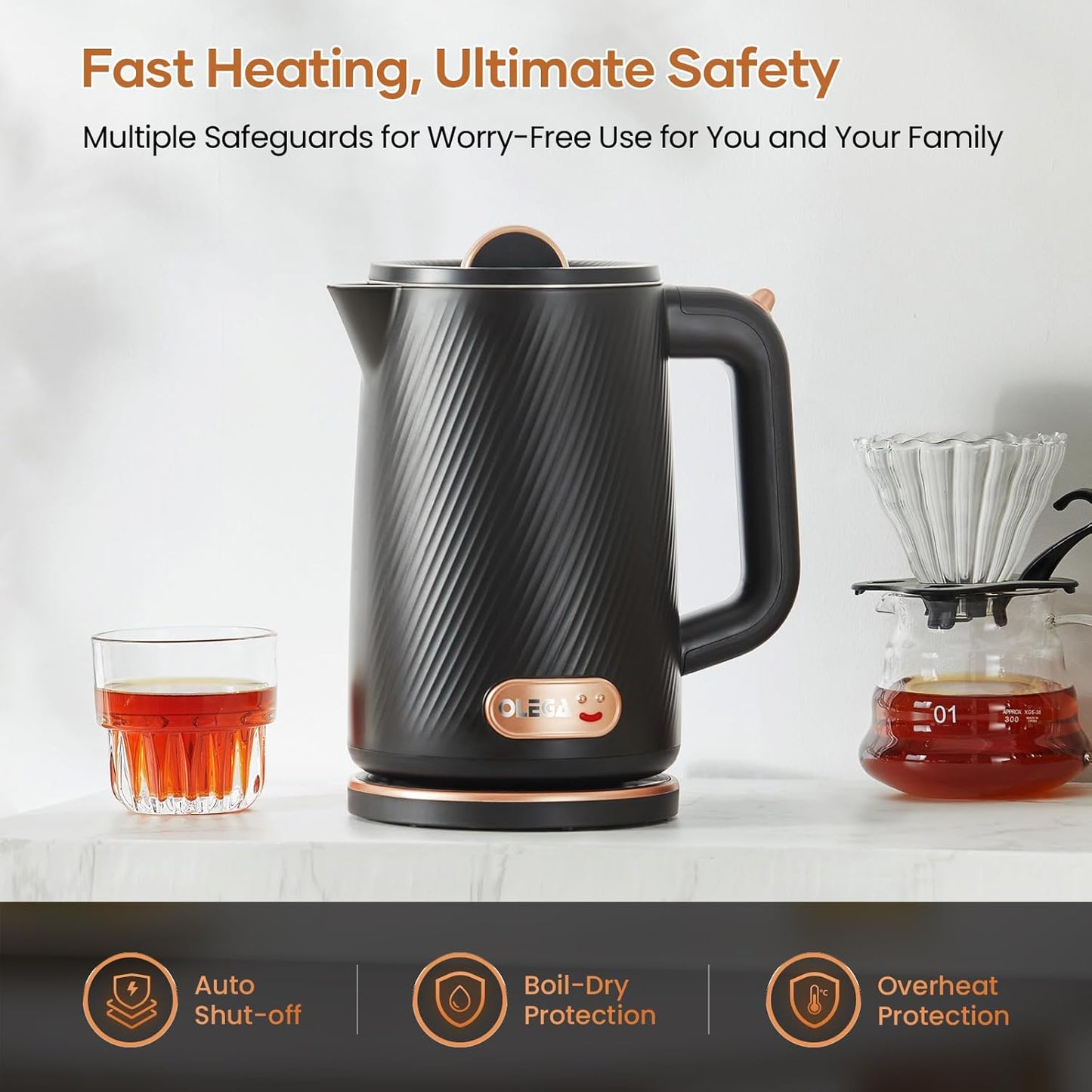 OLEGA Electric Kettle - 1500W Electric Tea Kettle 1.8L Stainless Steel Inner Electric Kettles for Boiling Water Auto Shut Off Boil-Dry Protection Electric Water Kettle for Coffee Tea Black